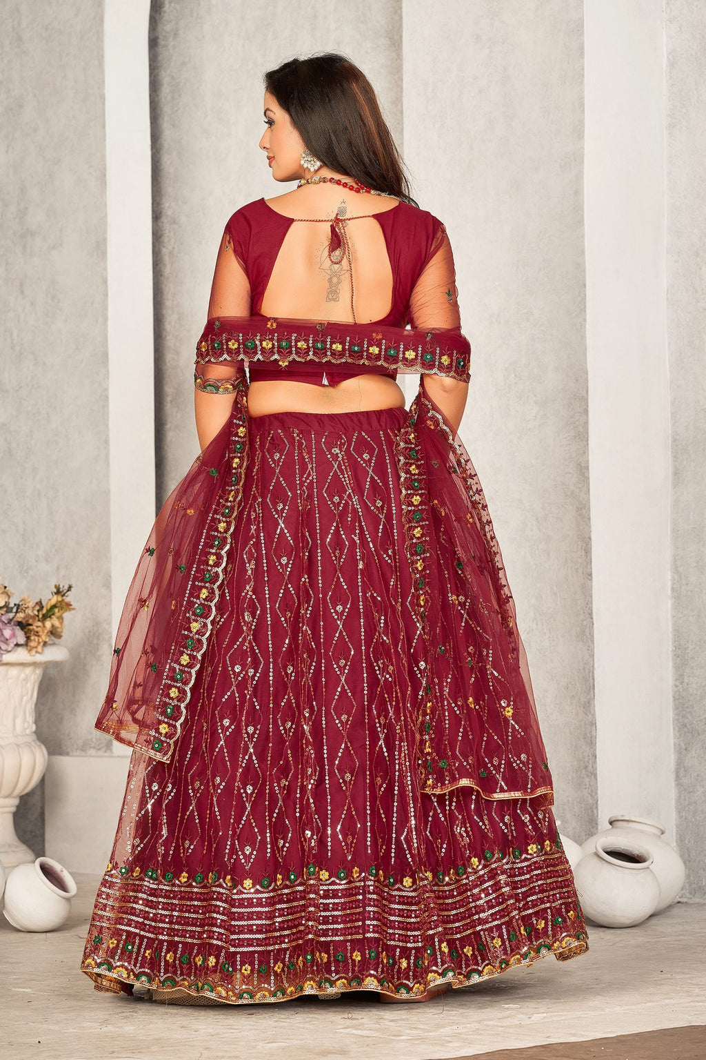 Classic Maroon Sequin Embellished Festive & Party Wear Semi-Stitched Georgette Lehenga Choli with Heavy Dupatta Work
