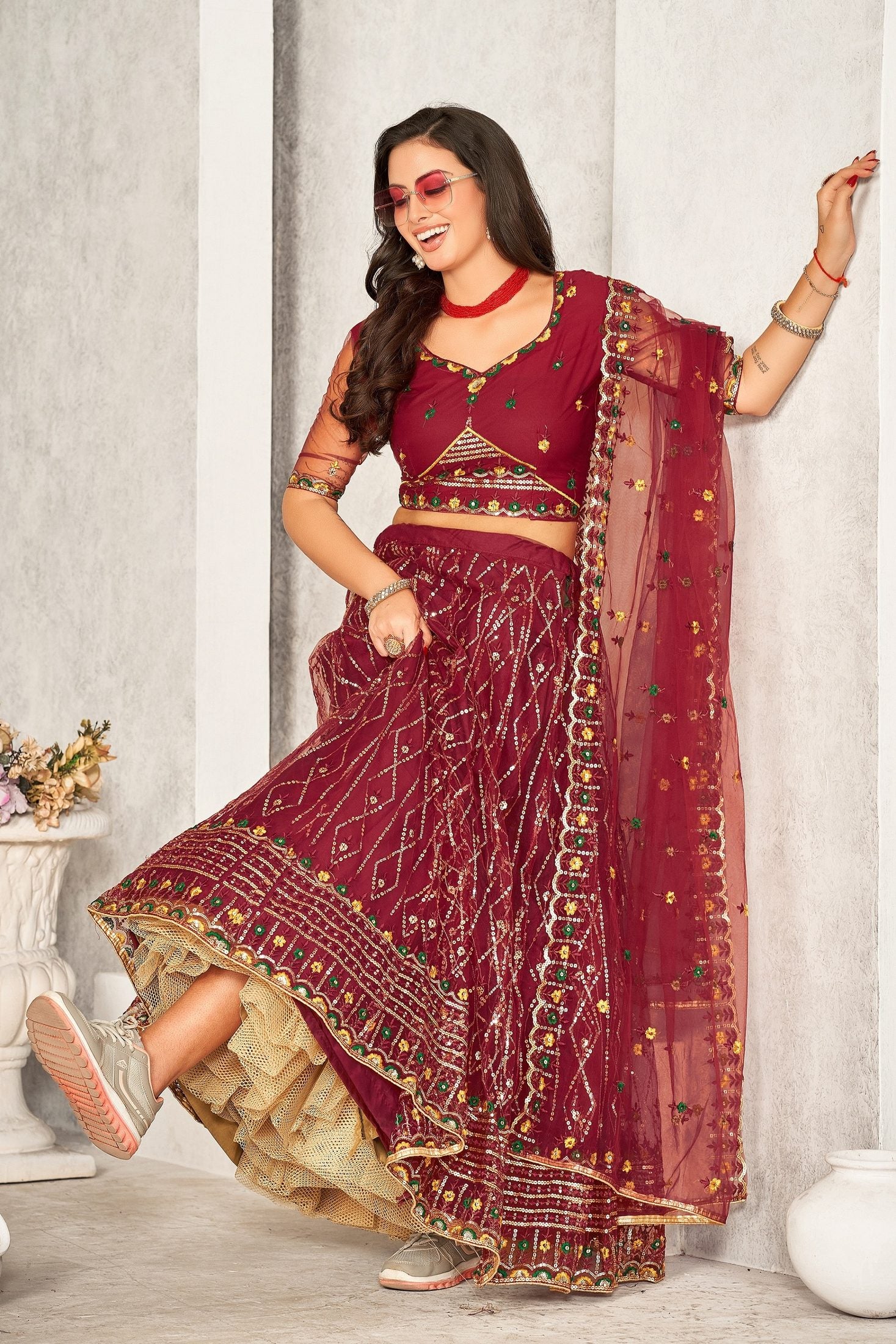Classic Maroon Sequin Embellished Festive & Party Wear Semi-Stitched Georgette Lehenga Choli with Heavy Dupatta Work