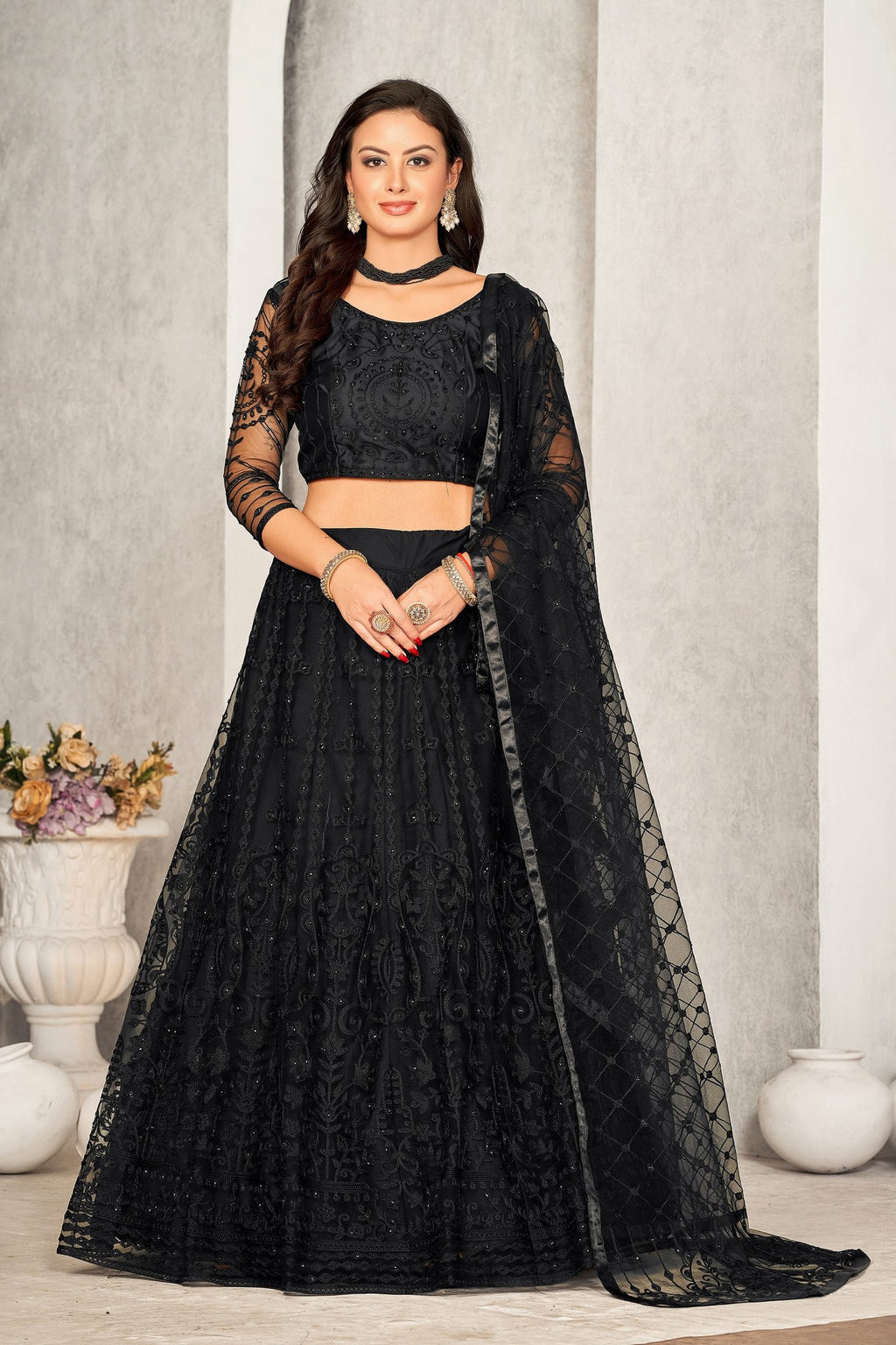 Classic Black Thread & Sequin Embroidered Festive & Party Wear Semi-Stitched Net Lehenga Choli with Designer Dupatta Work