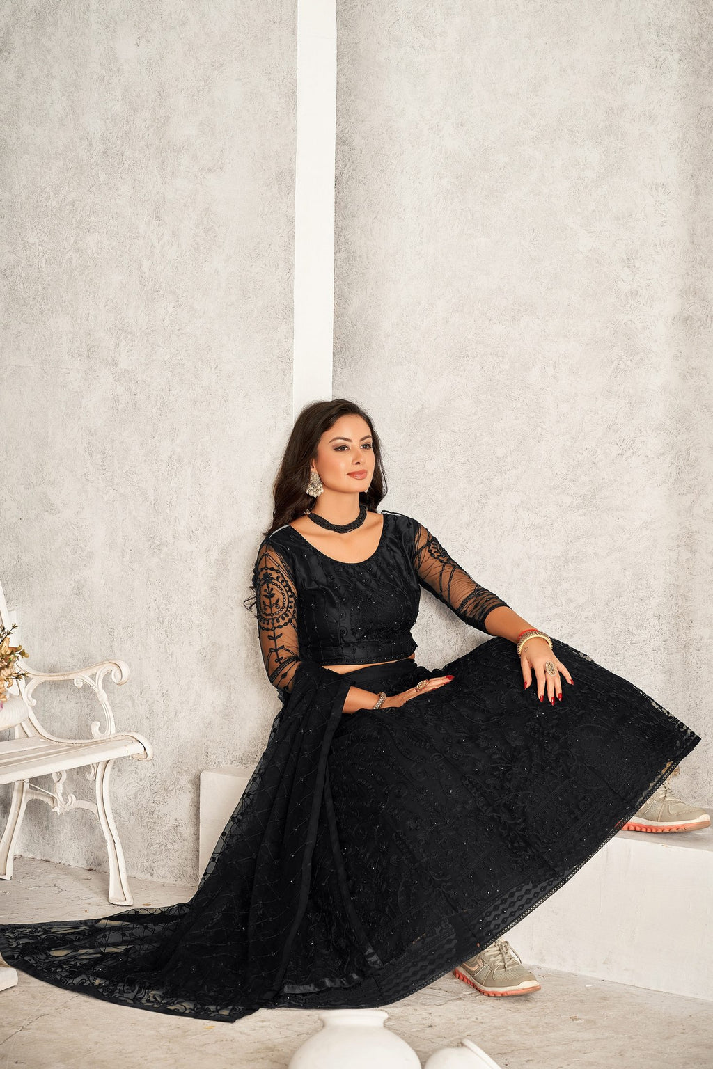 Classic Black Thread & Sequin Embroidered Festive & Party Wear Semi-Stitched Net Lehenga Choli with Designer Dupatta Work