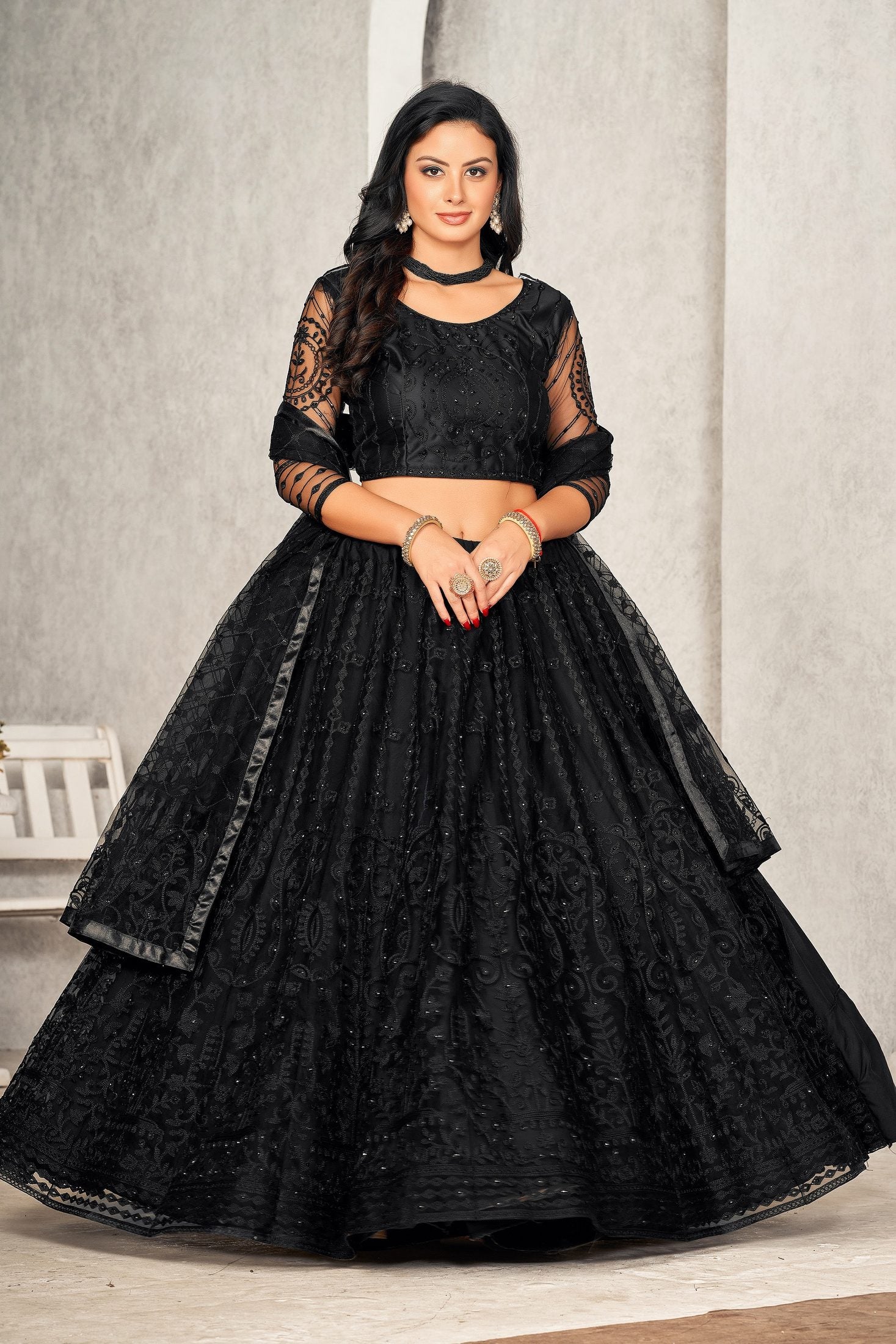 Classic Black Thread & Sequin Embroidered Festive & Party Wear Semi-Stitched Net Lehenga Choli with Designer Dupatta Work