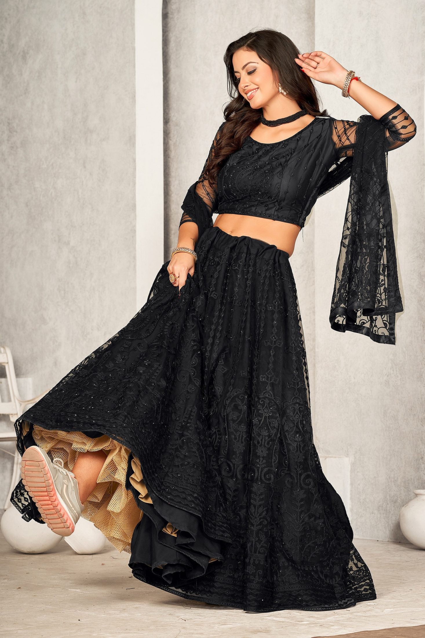 Classic Black Thread & Sequin Embroidered Festive & Party Wear Semi-Stitched Net Lehenga Choli with Designer Dupatta Work