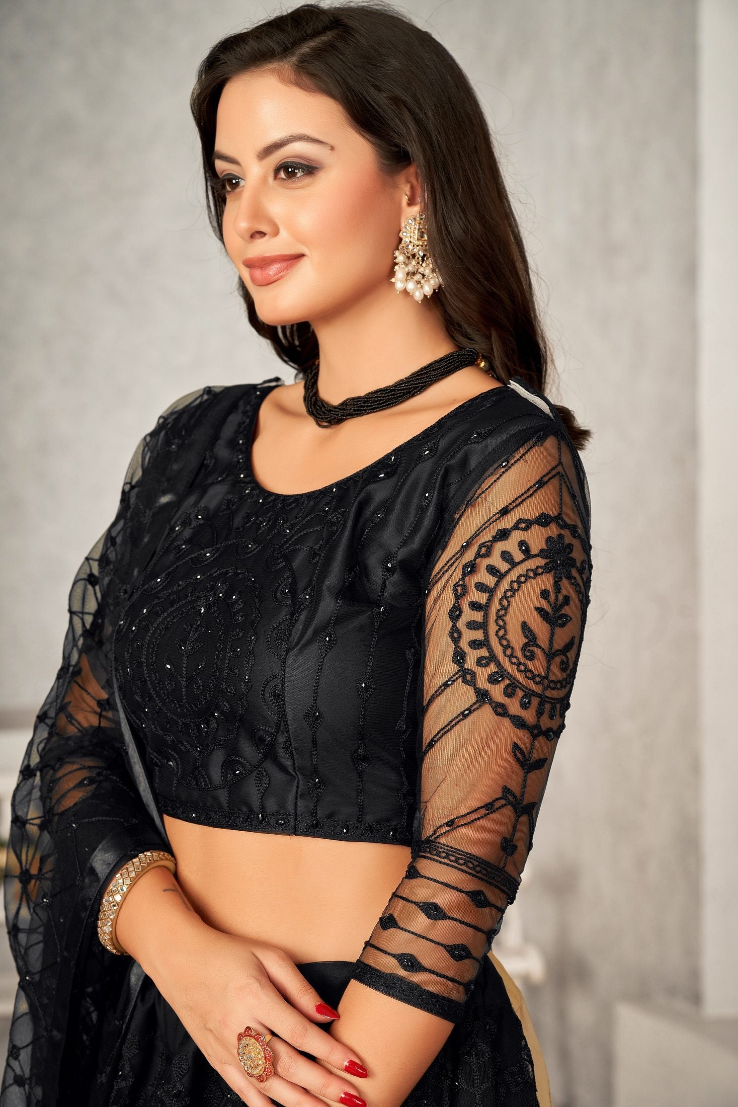 Classic Black Thread & Sequin Embroidered Festive & Party Wear Semi-Stitched Net Lehenga Choli with Designer Dupatta Work