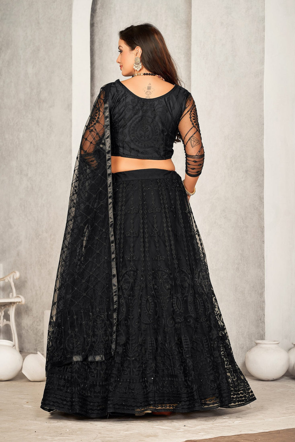 Classic Black Thread & Sequin Embroidered Festive & Party Wear Semi-Stitched Net Lehenga Choli with Designer Dupatta Work