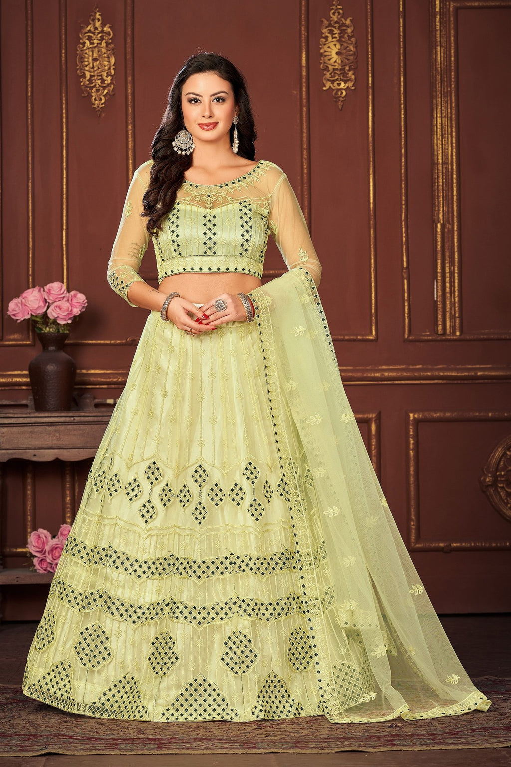 Lemon Yellow Embroidered Festive & Wedding Wear Semi-Stitched Net Lehenga Choli with Elegant Dupatta Work