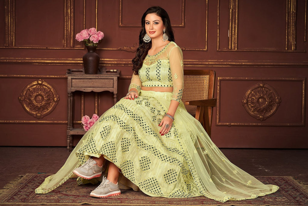 Lemon Yellow Embroidered Festive & Wedding Wear Semi-Stitched Net Lehenga Choli with Elegant Dupatta Work