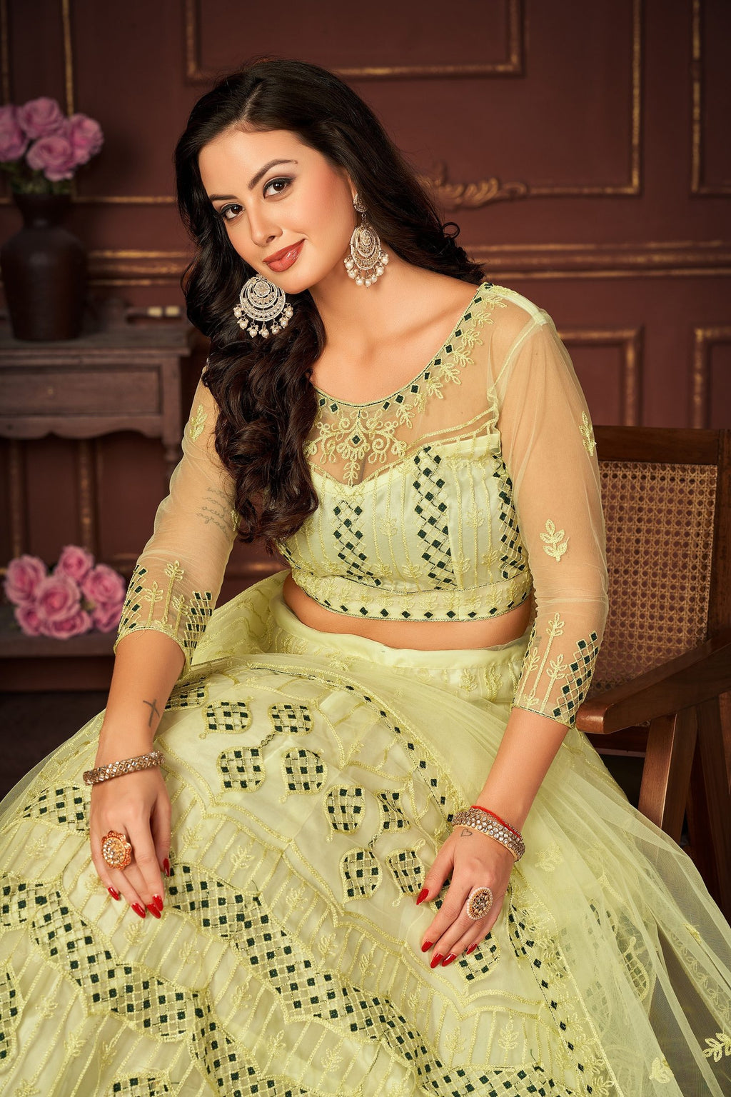 Lemon Yellow Embroidered Festive & Wedding Wear Semi-Stitched Net Lehenga Choli with Elegant Dupatta Work