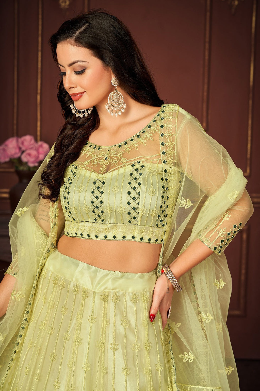 Lemon Yellow Embroidered Festive & Wedding Wear Semi-Stitched Net Lehenga Choli with Elegant Dupatta Work