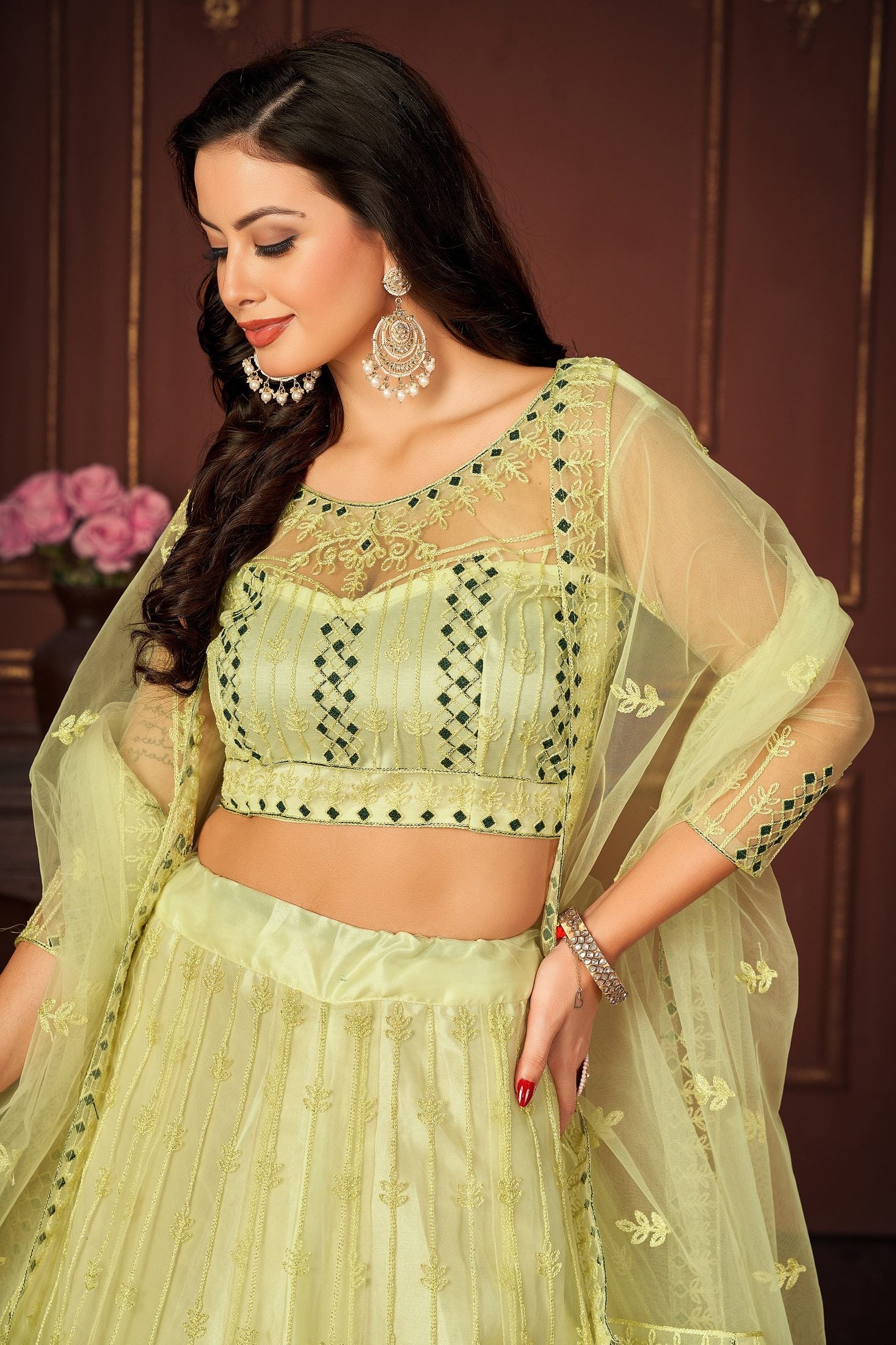 Lemon Yellow Embroidered Festive & Wedding Wear Semi-Stitched Net Lehenga Choli with Elegant Dupatta Work