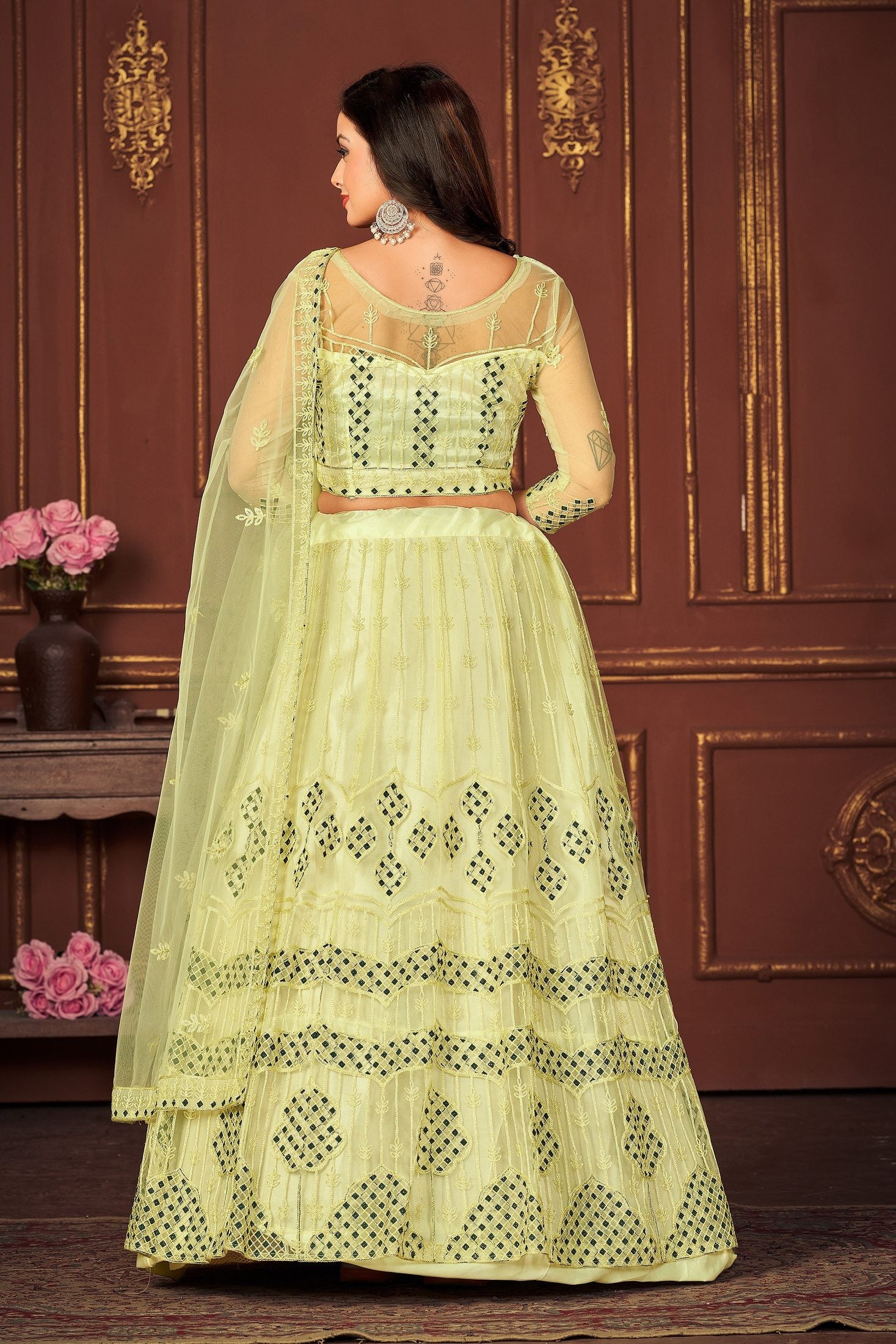 Lemon Yellow Embroidered Festive & Wedding Wear Semi-Stitched Net Lehenga Choli with Elegant Dupatta Work