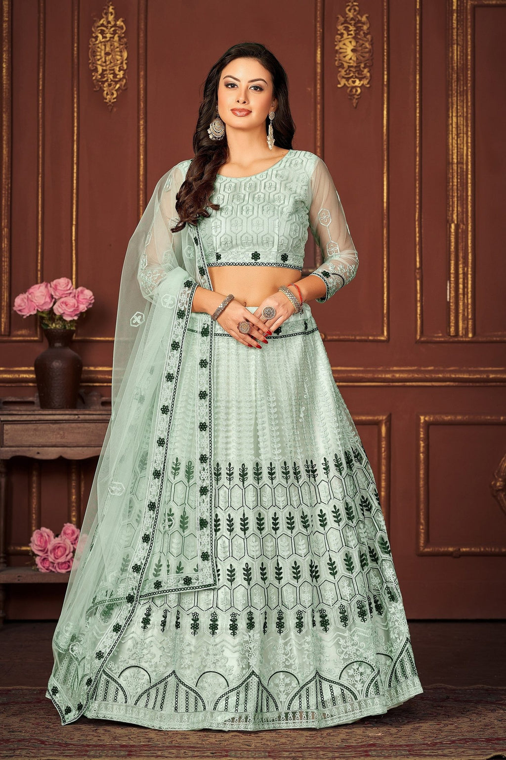 Pastel Mint Green Embroidered Festive & Wedding Wear Semi-Stitched Net Lehenga Choli with Designer Dupatta Work