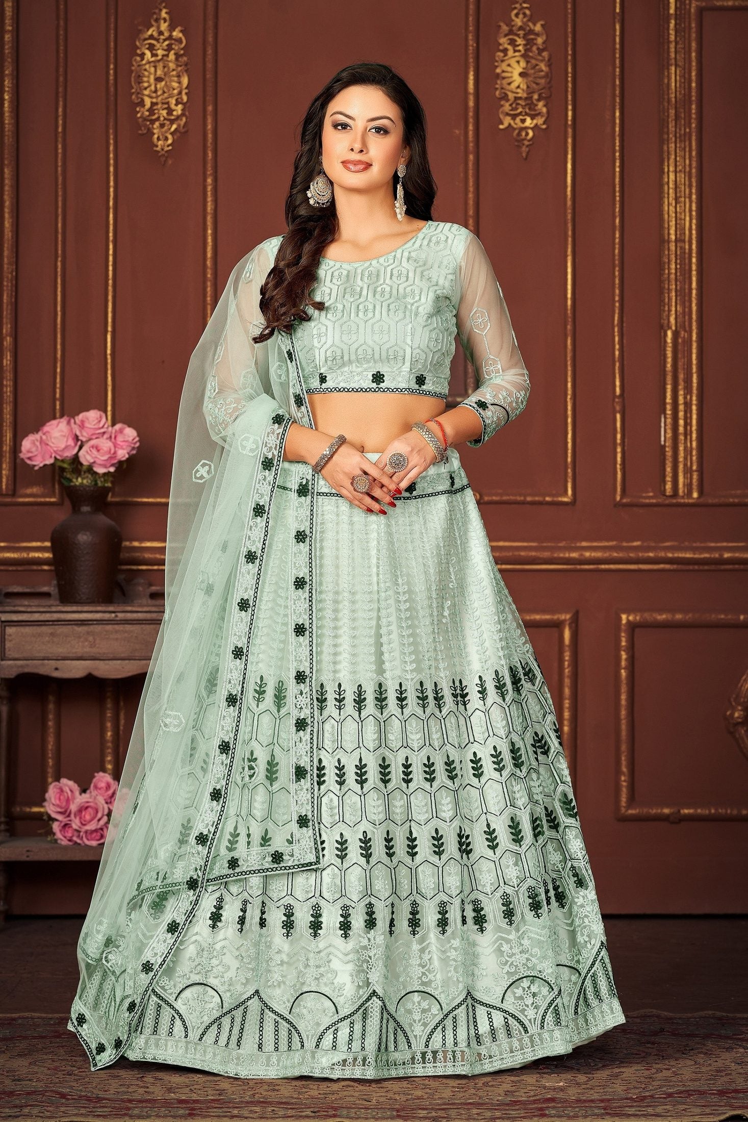 Pastel Mint Green Embroidered Festive & Wedding Wear Semi-Stitched Net Lehenga Choli with Designer Dupatta Work