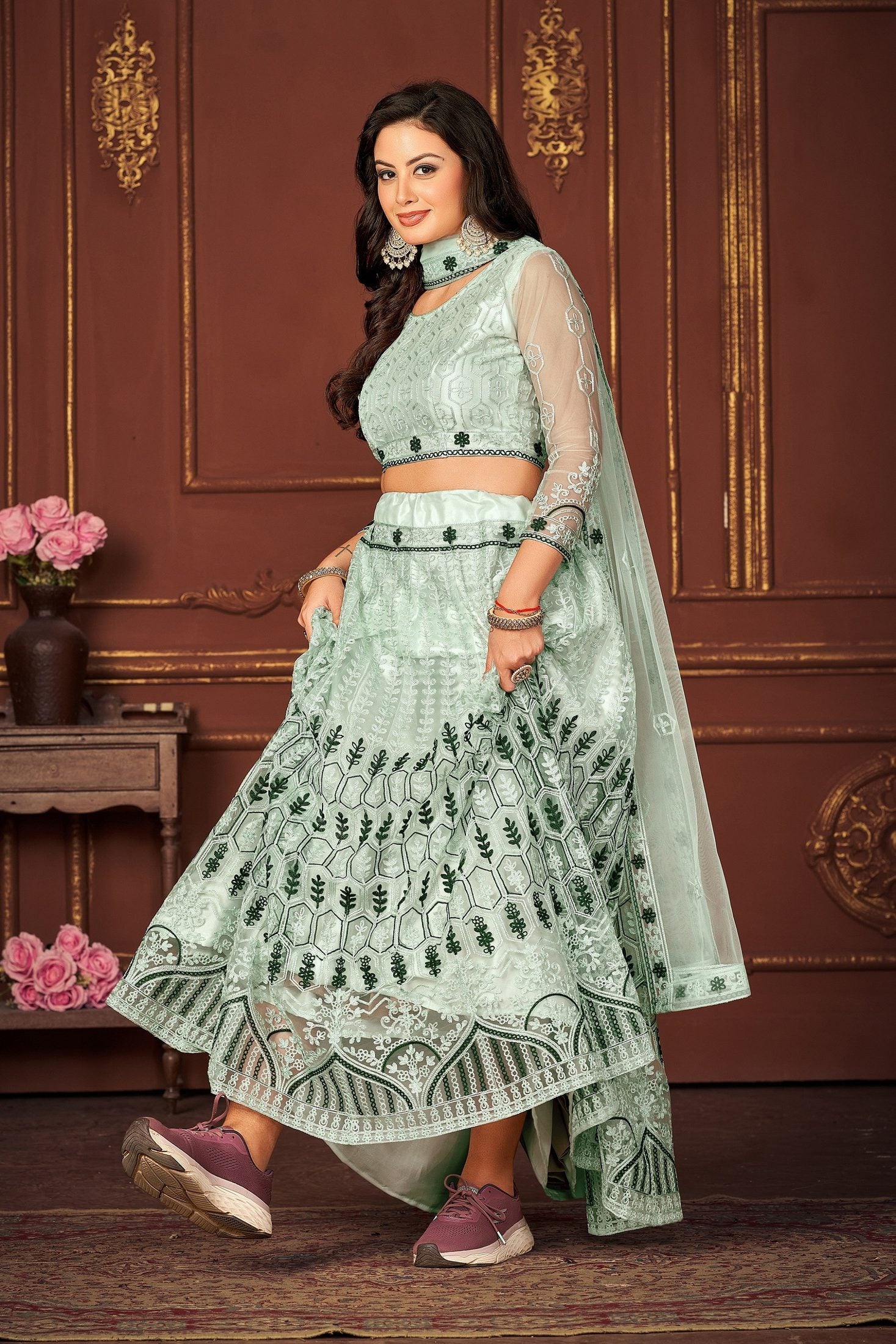 Pastel Mint Green Embroidered Festive & Wedding Wear Semi-Stitched Net Lehenga Choli with Designer Dupatta Work