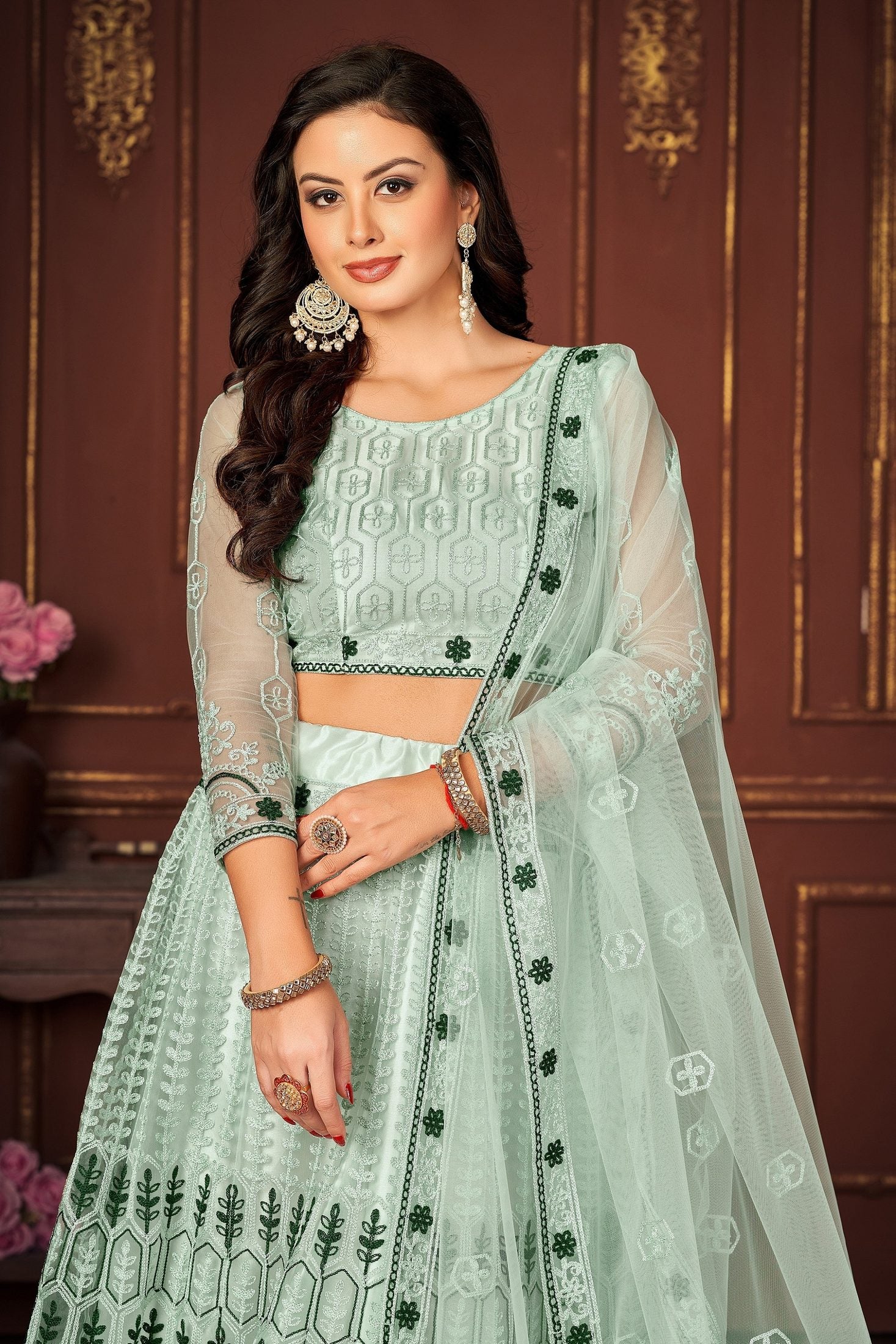 Pastel Mint Green Embroidered Festive & Wedding Wear Semi-Stitched Net Lehenga Choli with Designer Dupatta Work