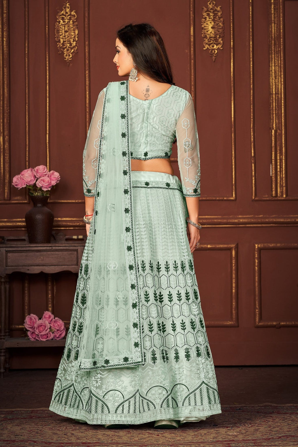 Pastel Mint Green Embroidered Festive & Wedding Wear Semi-Stitched Net Lehenga Choli with Designer Dupatta Work