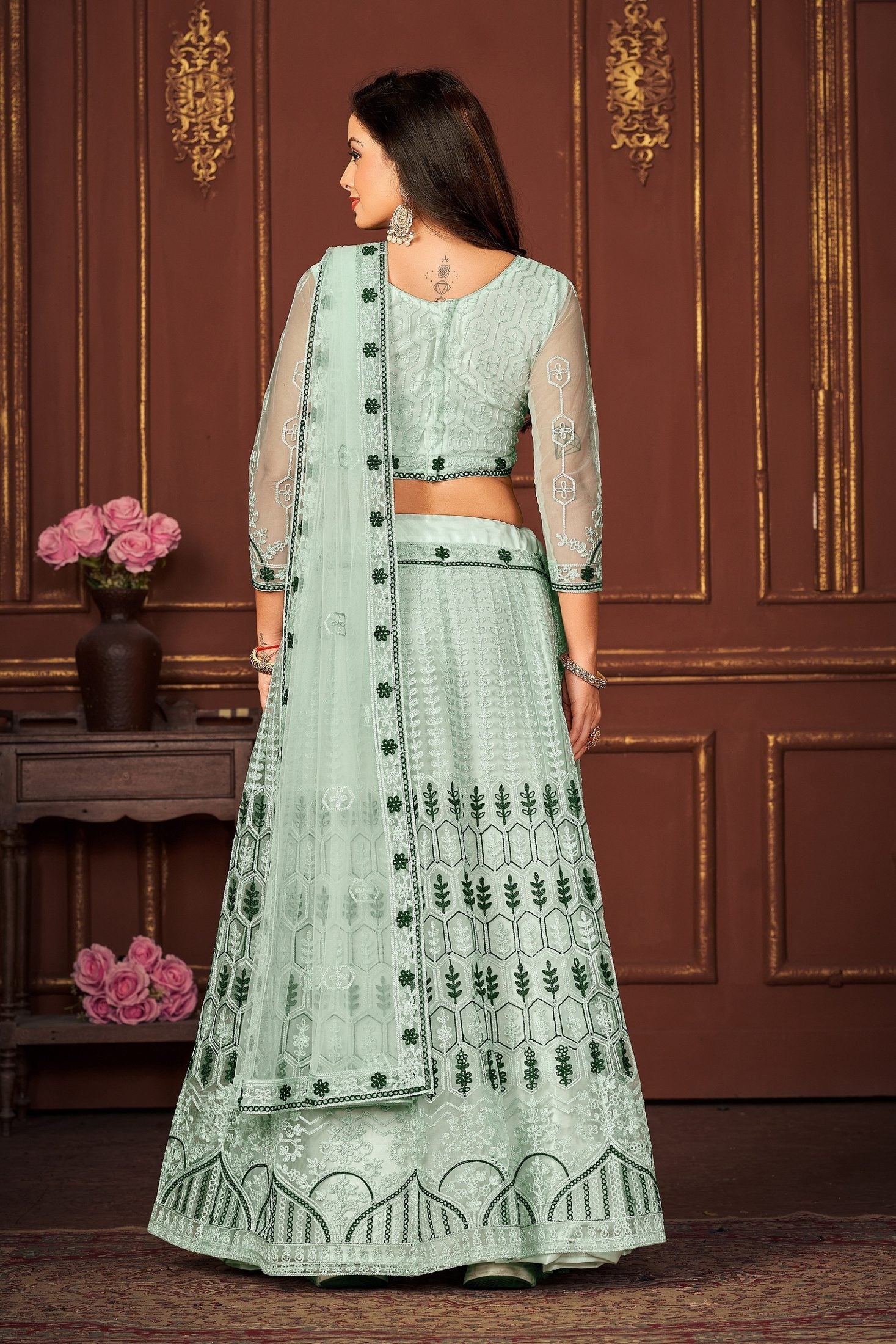 Pastel Mint Green Embroidered Festive & Wedding Wear Semi-Stitched Net Lehenga Choli with Designer Dupatta Work