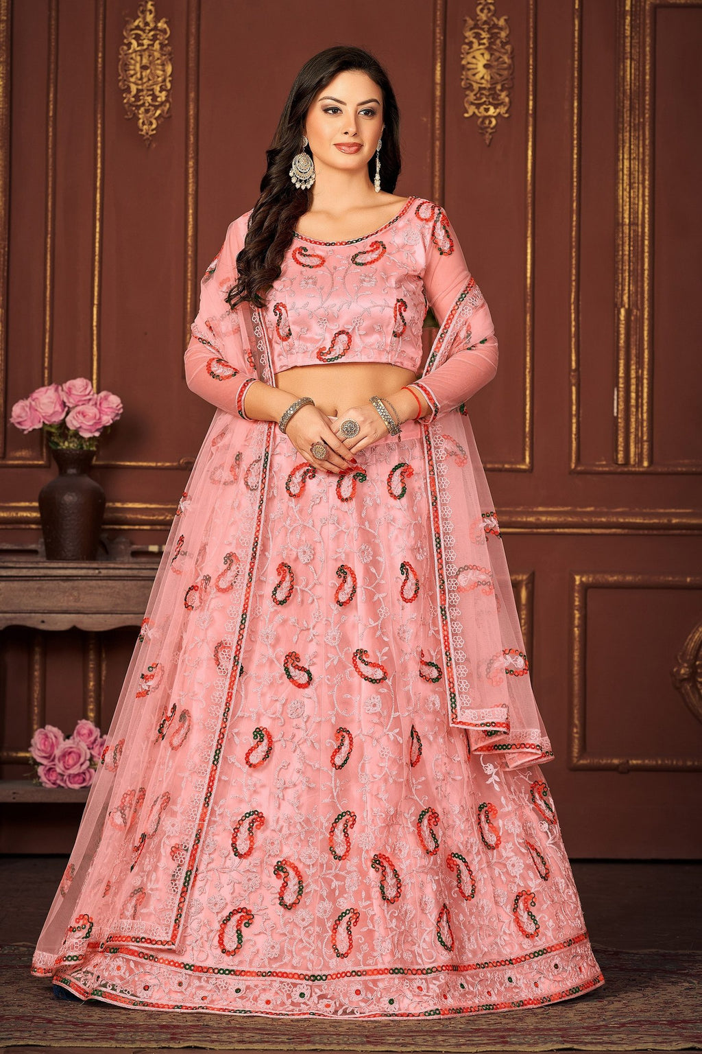 Elegant Peach Sequin & Thread Embroidered Festive & Wedding Wear Semi-Stitched Net Lehenga Choli with Heavy Dupatta Work