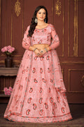 Elegant Peach Sequin & Thread Embroidered Festive & Wedding Wear Semi-Stitched Net Lehenga Choli with Heavy Dupatta Work