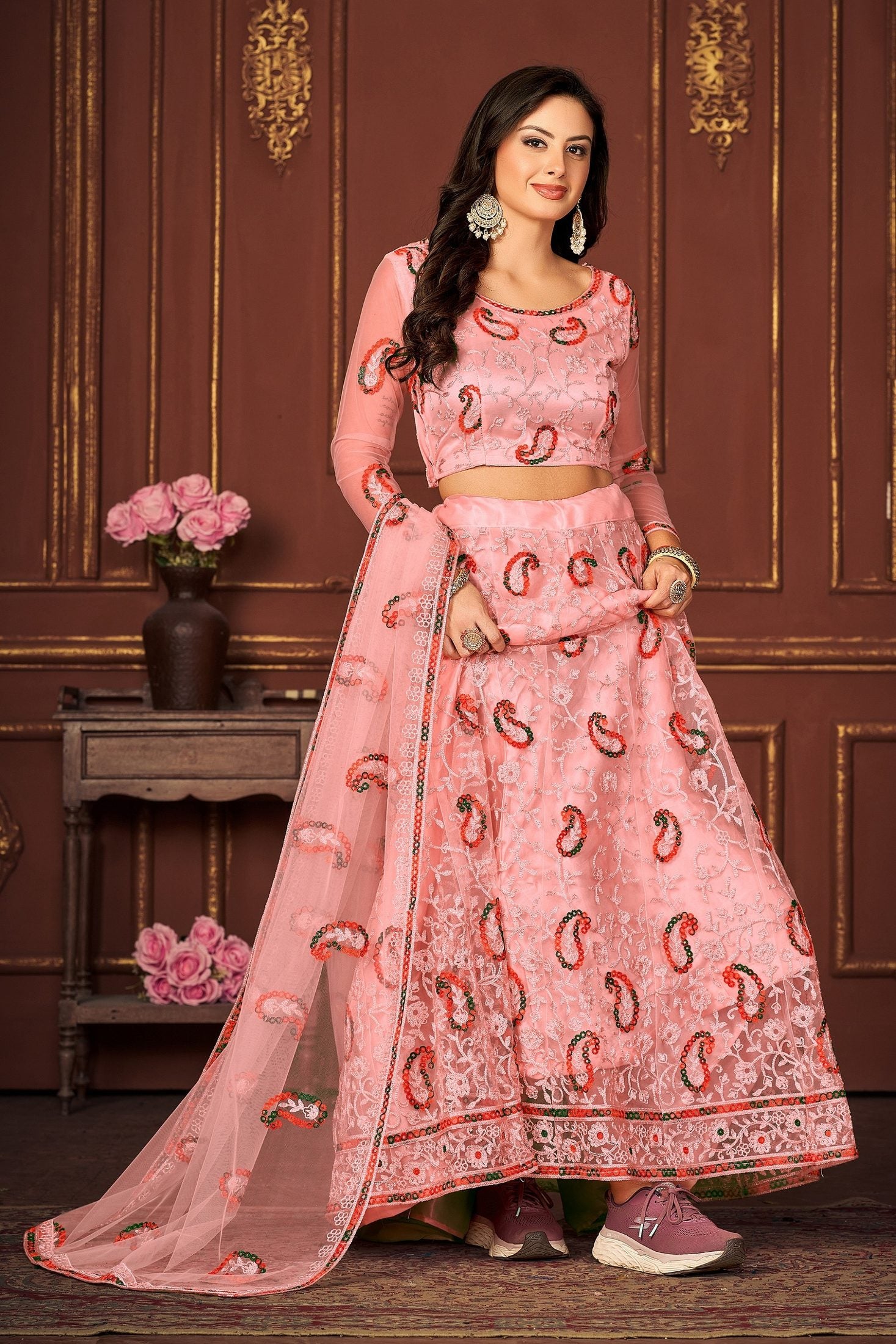 Elegant Peach Sequin & Thread Embroidered Festive & Wedding Wear Semi-Stitched Net Lehenga Choli with Heavy Dupatta Work