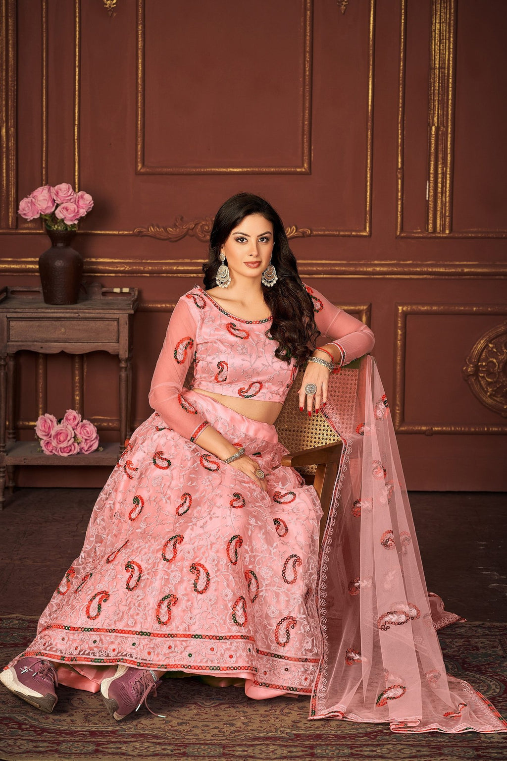 Elegant Peach Sequin & Thread Embroidered Festive & Wedding Wear Semi-Stitched Net Lehenga Choli with Heavy Dupatta Work