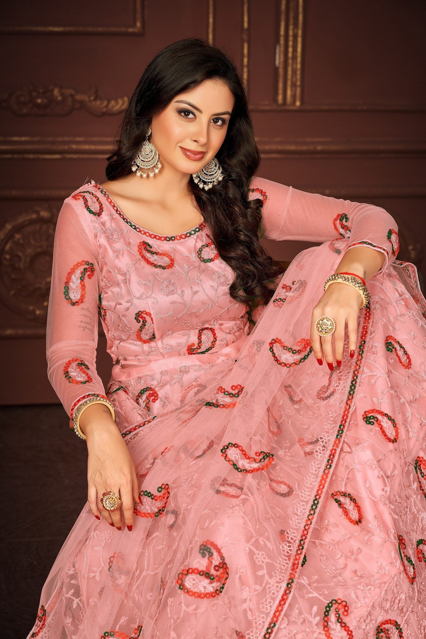 Elegant Peach Sequin & Thread Embroidered Festive & Wedding Wear Semi-Stitched Net Lehenga Choli with Heavy Dupatta Work