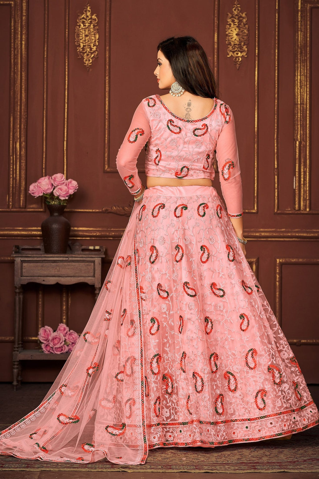 Elegant Peach Sequin & Thread Embroidered Festive & Wedding Wear Semi-Stitched Net Lehenga Choli with Heavy Dupatta Work