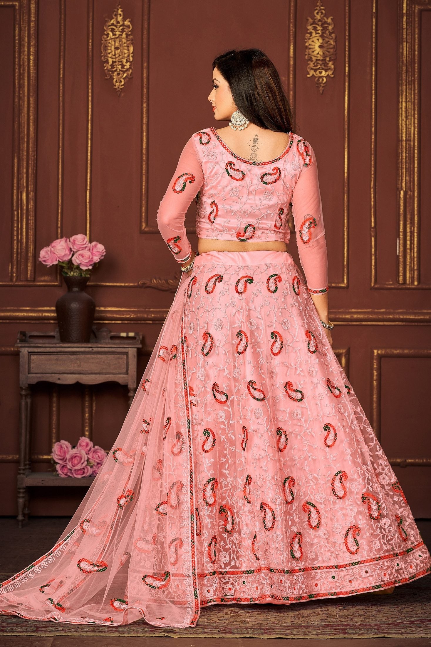 Elegant Peach Sequin & Thread Embroidered Festive & Wedding Wear Semi-Stitched Net Lehenga Choli with Heavy Dupatta Work