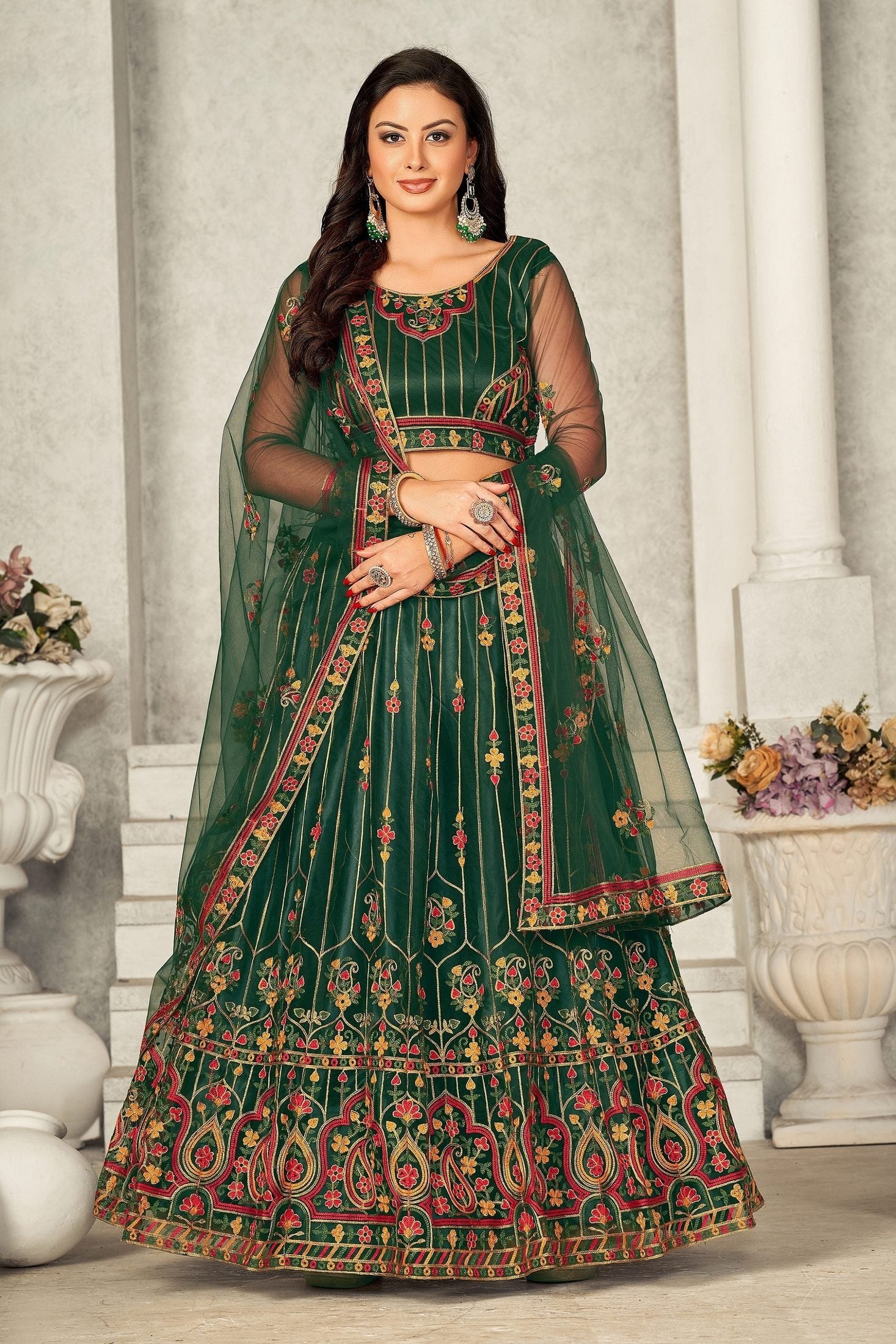 Elegant Bottle Green Embroidered Festive & Wedding Wear Semi-Stitched Georgette Lehenga Choli with Heavy Net Dupatta Work
