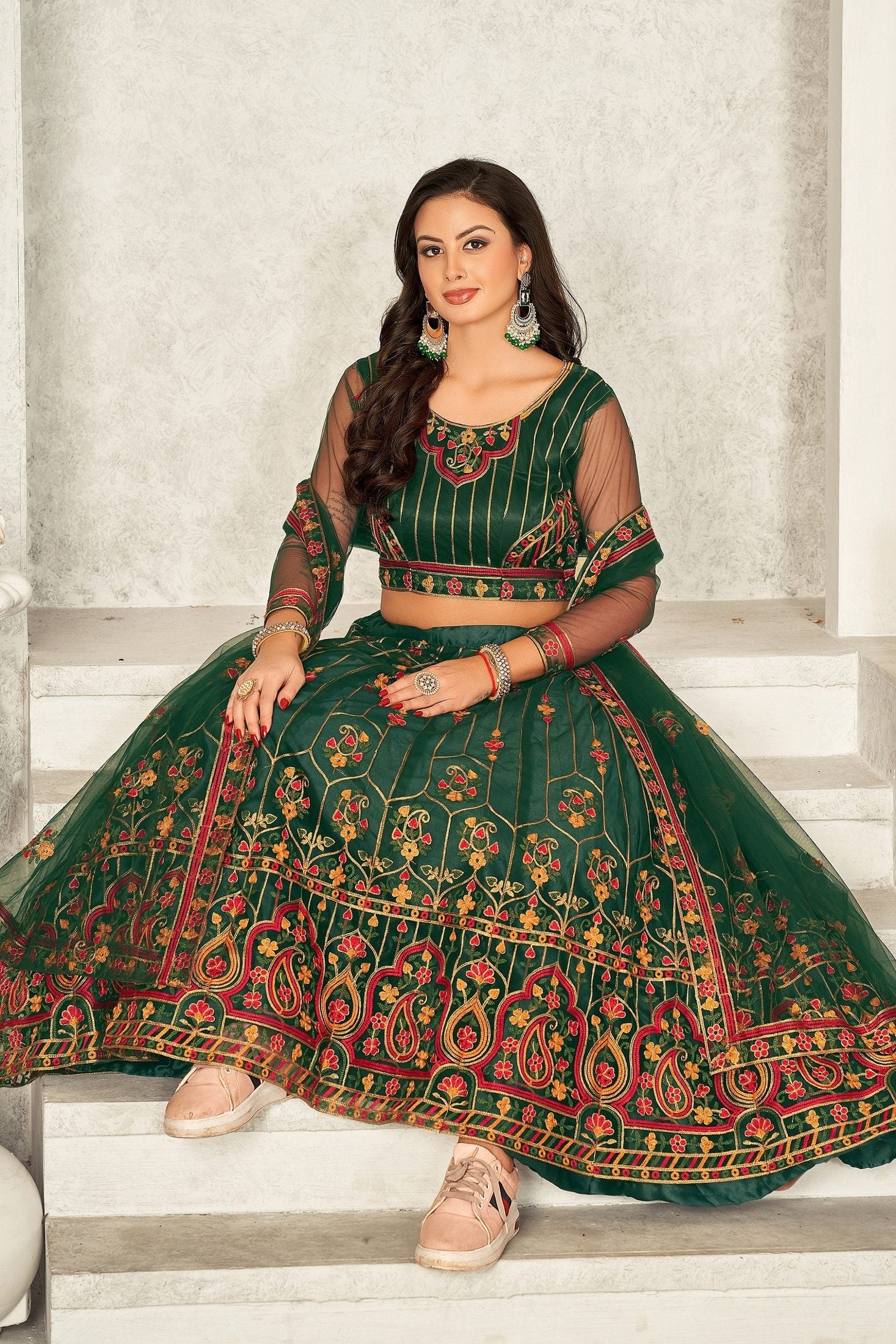 Elegant Bottle Green Embroidered Festive & Wedding Wear Semi-Stitched Georgette Lehenga Choli with Heavy Net Dupatta Work