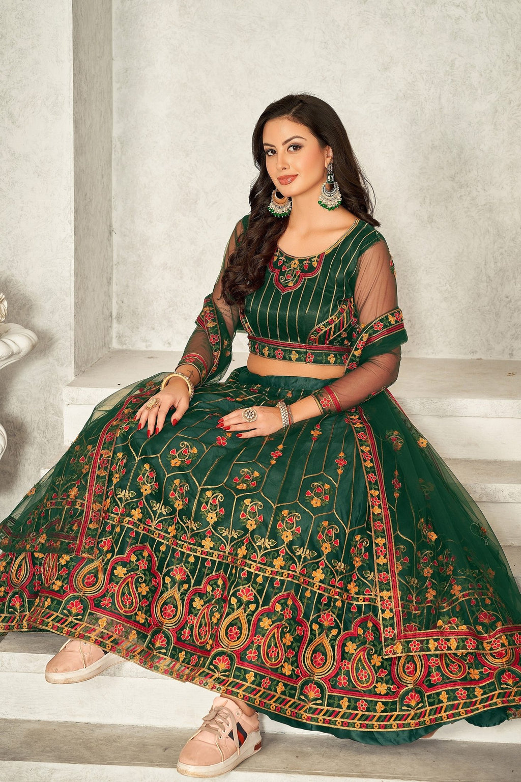 Elegant Bottle Green Embroidered Festive & Wedding Wear Semi-Stitched Georgette Lehenga Choli with Heavy Net Dupatta Work