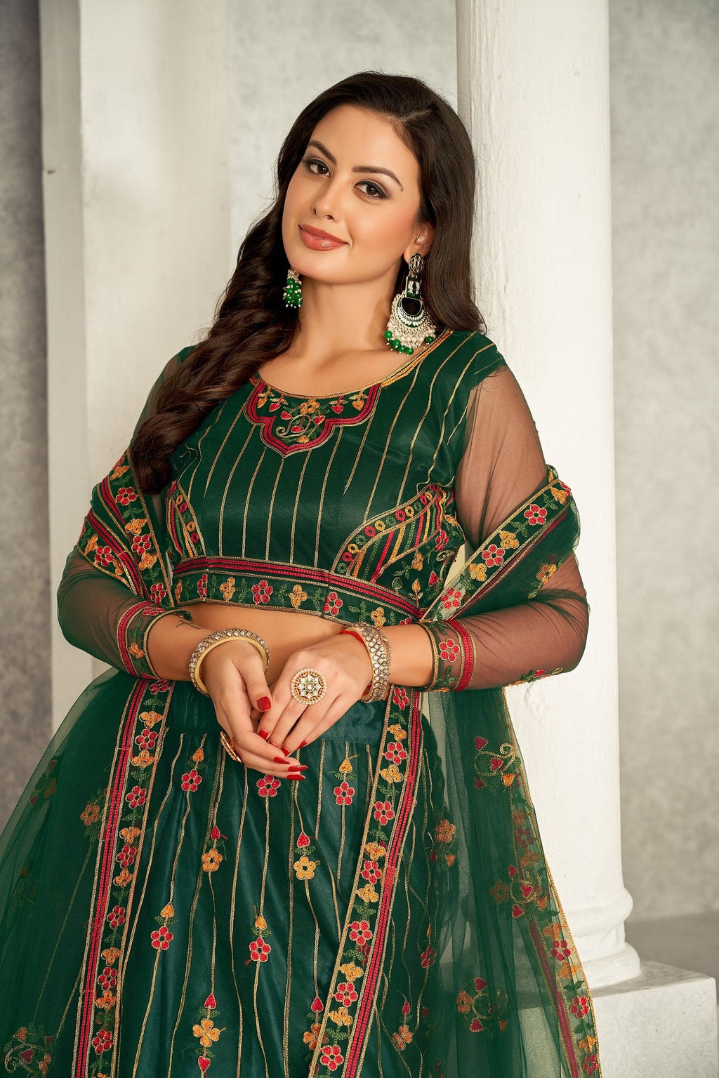 Elegant Bottle Green Embroidered Festive & Wedding Wear Semi-Stitched Georgette Lehenga Choli with Heavy Net Dupatta Work