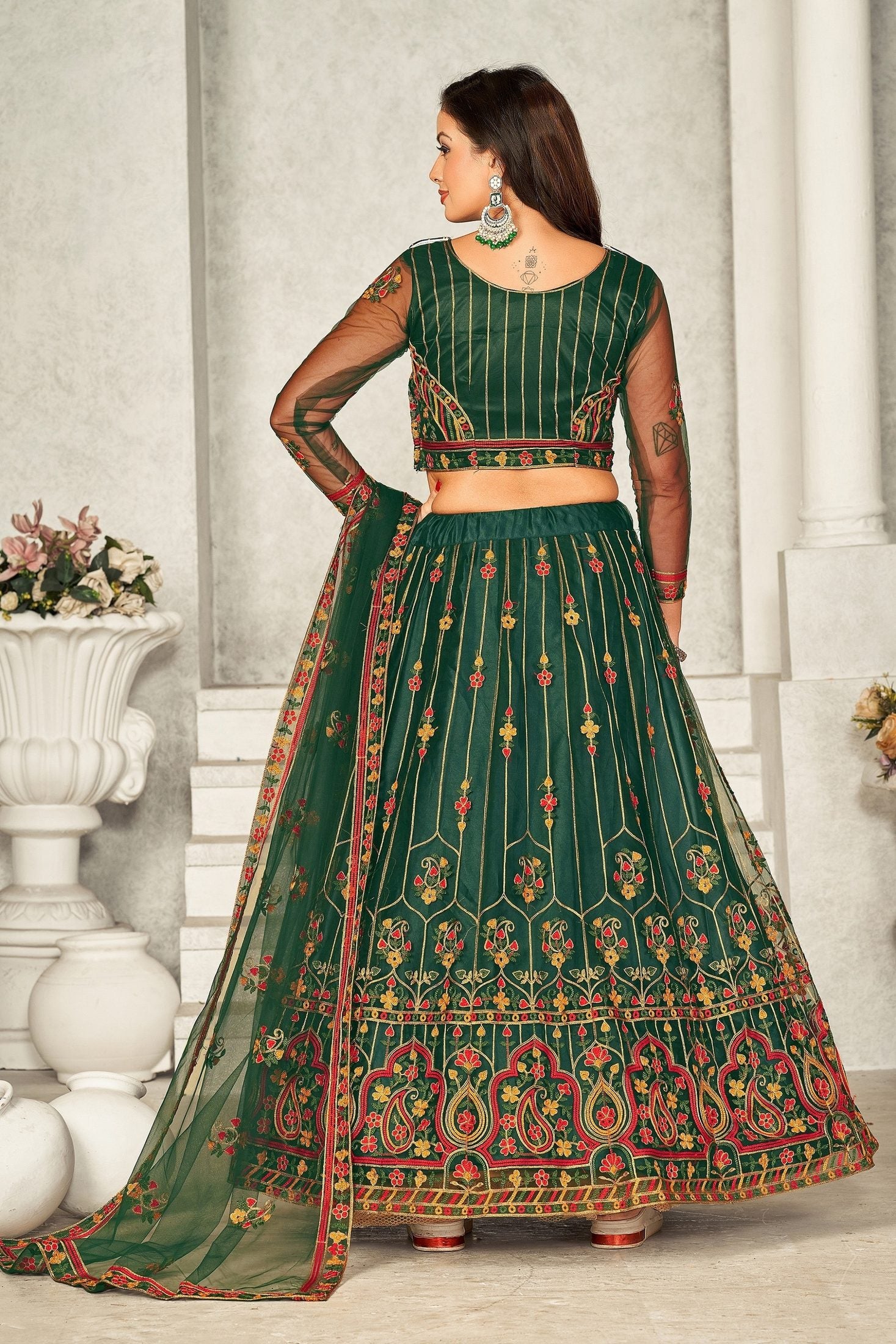 Elegant Bottle Green Embroidered Festive & Wedding Wear Semi-Stitched Georgette Lehenga Choli with Heavy Net Dupatta Work