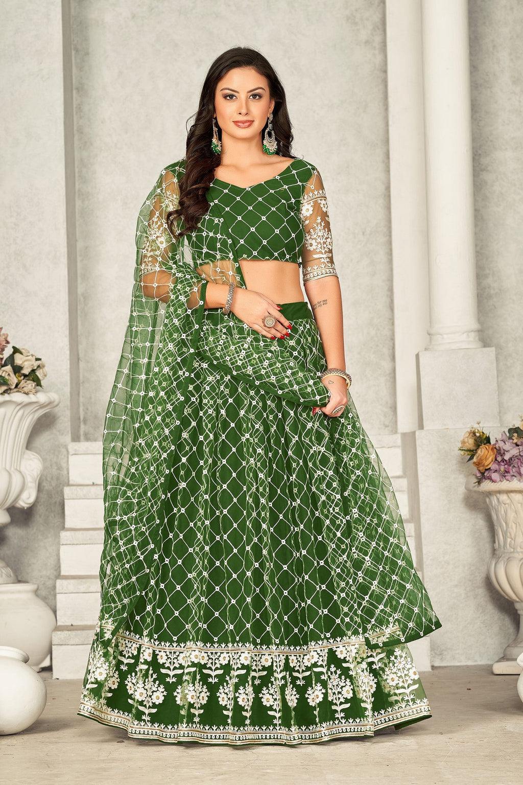 Designer light Green Thread Embroidered Festive & Party Wear Semi-Stitched Georgette Lehenga Choli with Heavy Net Dupatta Work