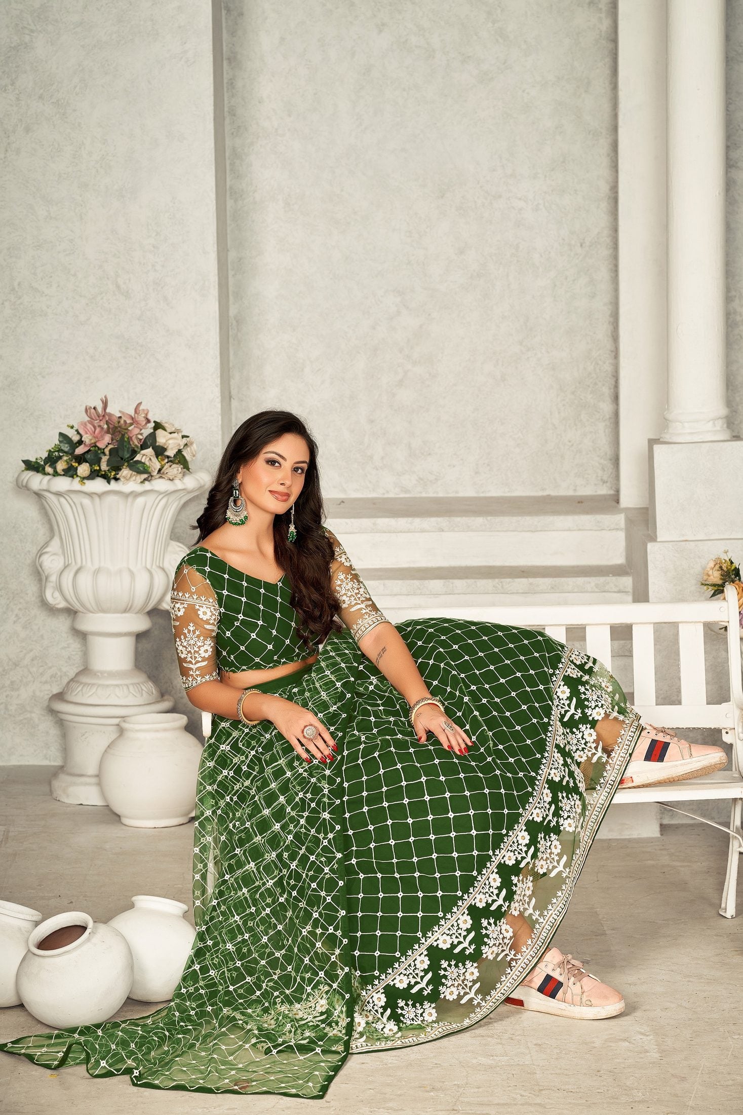 Designer light Green Thread Embroidered Festive & Party Wear Semi-Stitched Georgette Lehenga Choli with Heavy Net Dupatta Work