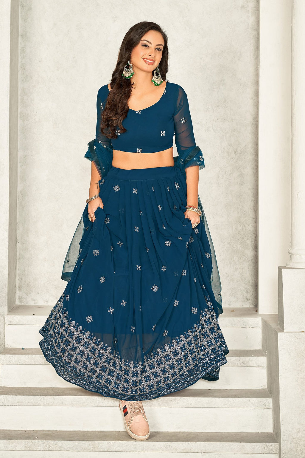 Elegant Teal Blue Embroidered Festive & Party Wear Semi-Stitched Georgette Lehenga Choli with Heavy Net Dupatta Work