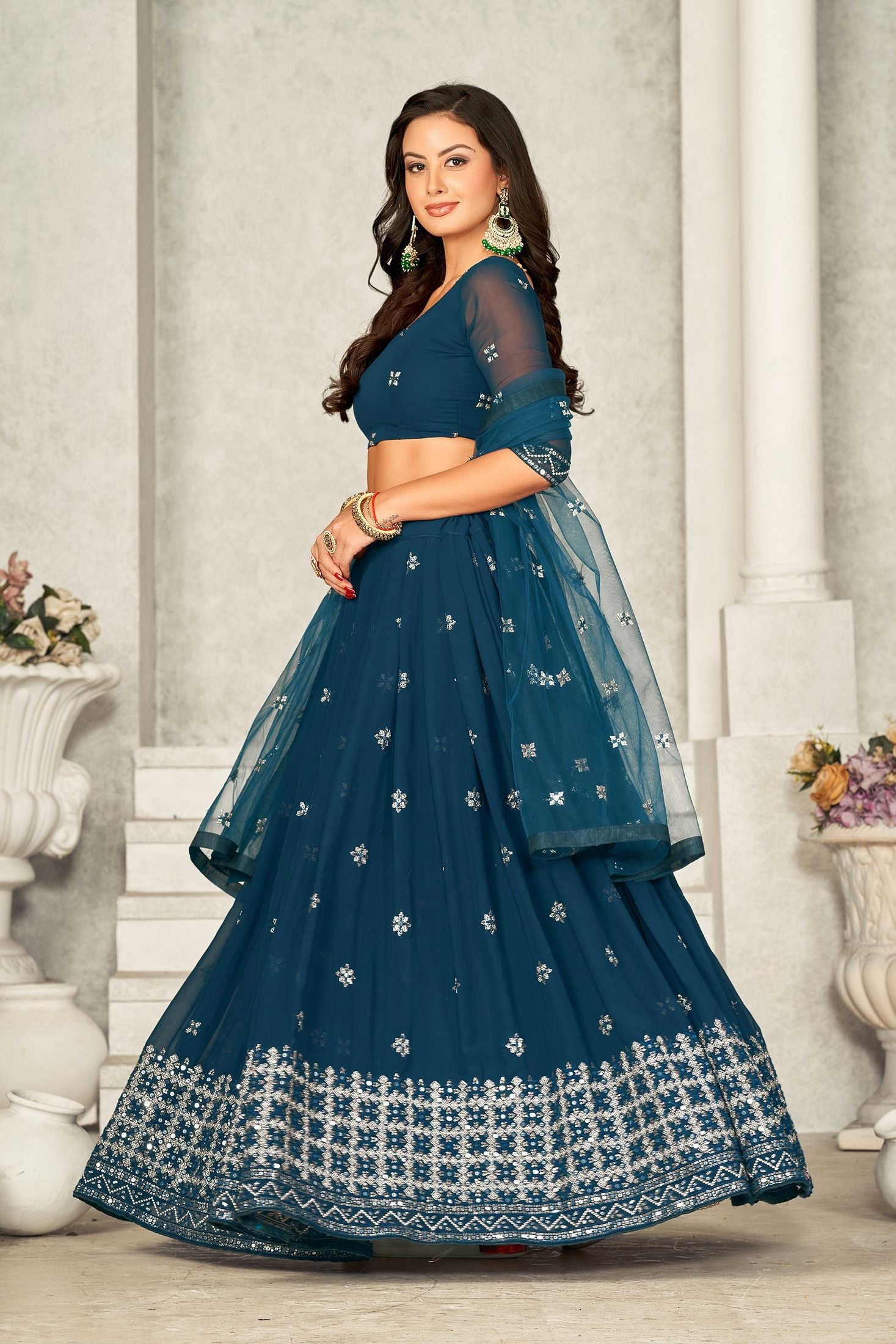 Elegant Teal Blue Embroidered Festive & Party Wear Semi-Stitched Georgette Lehenga Choli with Heavy Net Dupatta Work