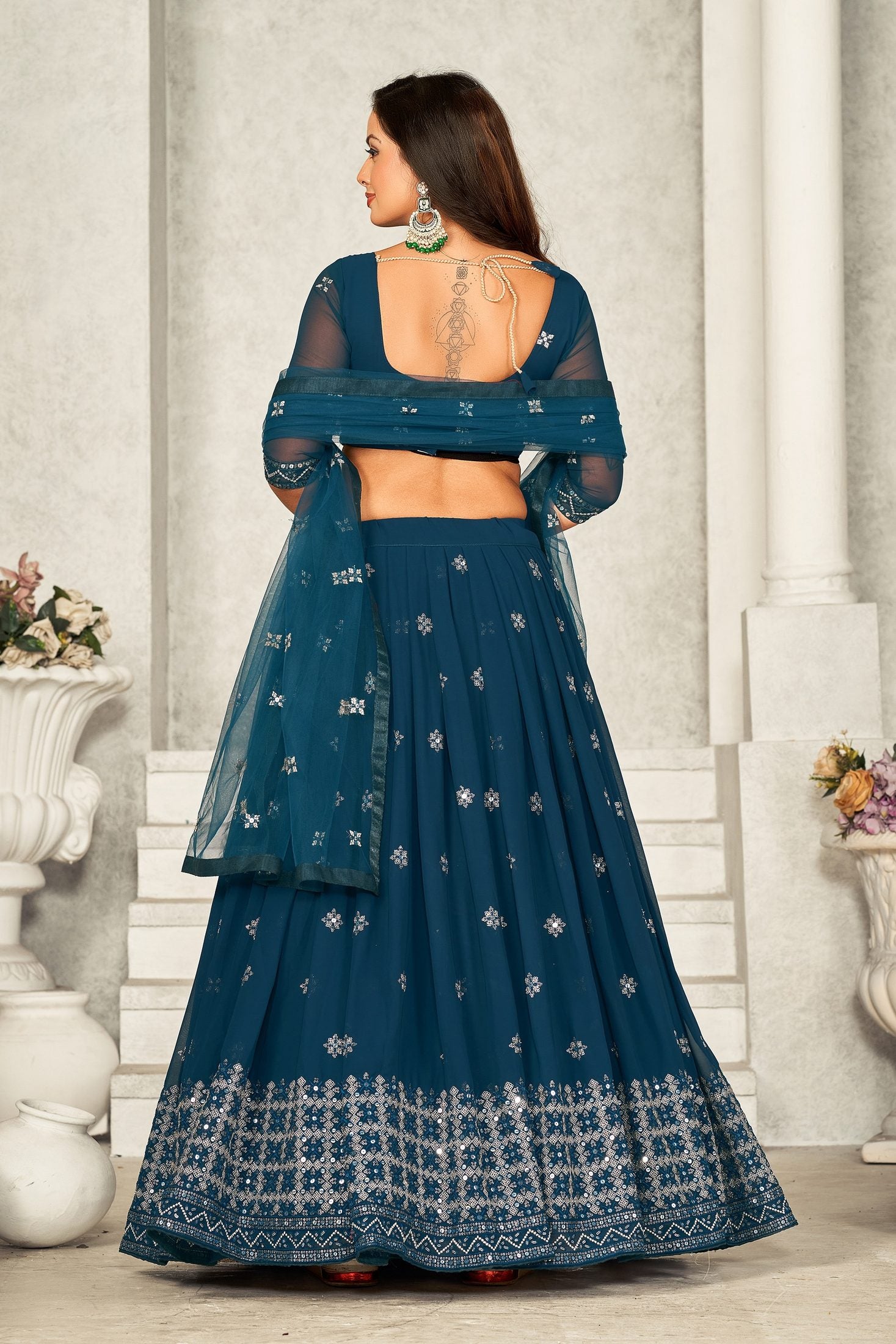 Elegant Teal Blue Embroidered Festive & Party Wear Semi-Stitched Georgette Lehenga Choli with Heavy Net Dupatta Work