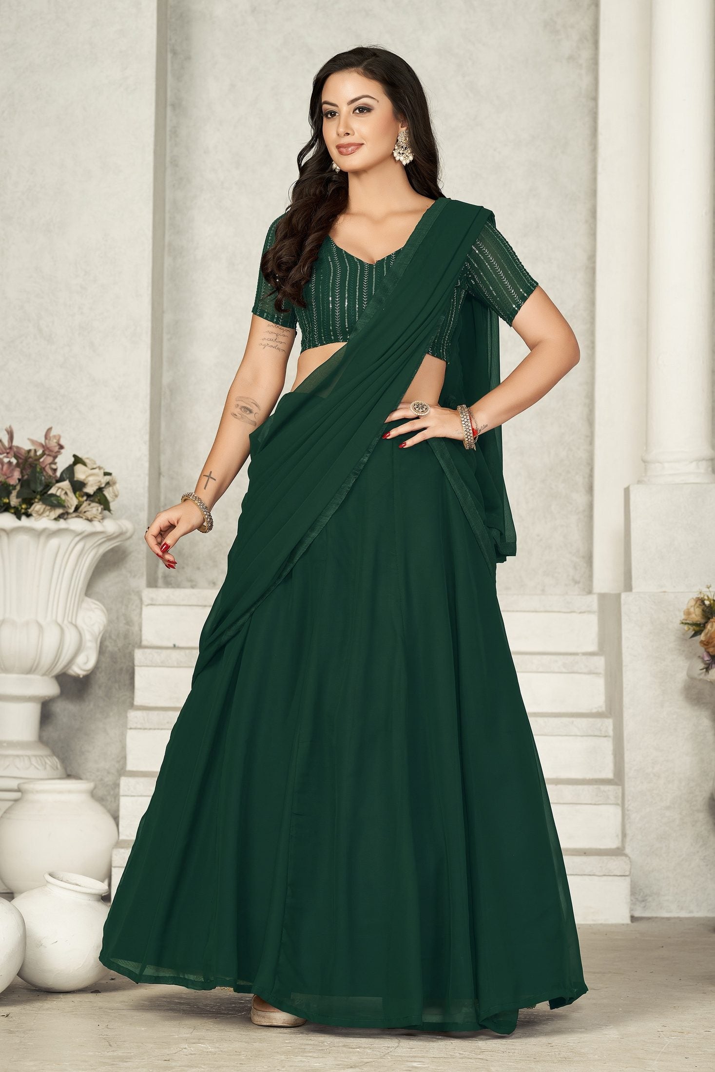 Elegant Bottle Green Solid Festive & Party Wear Semi-Stitched Georgette Lehenga Choli with Matching Dupatta