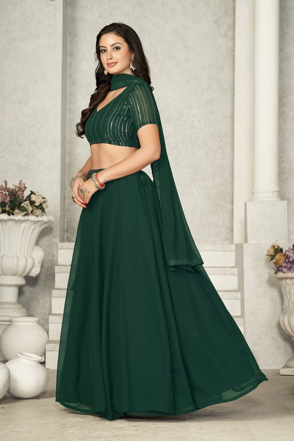 Elegant Bottle Green Solid Festive & Party Wear Semi-Stitched Georgette Lehenga Choli with Matching Dupatta
