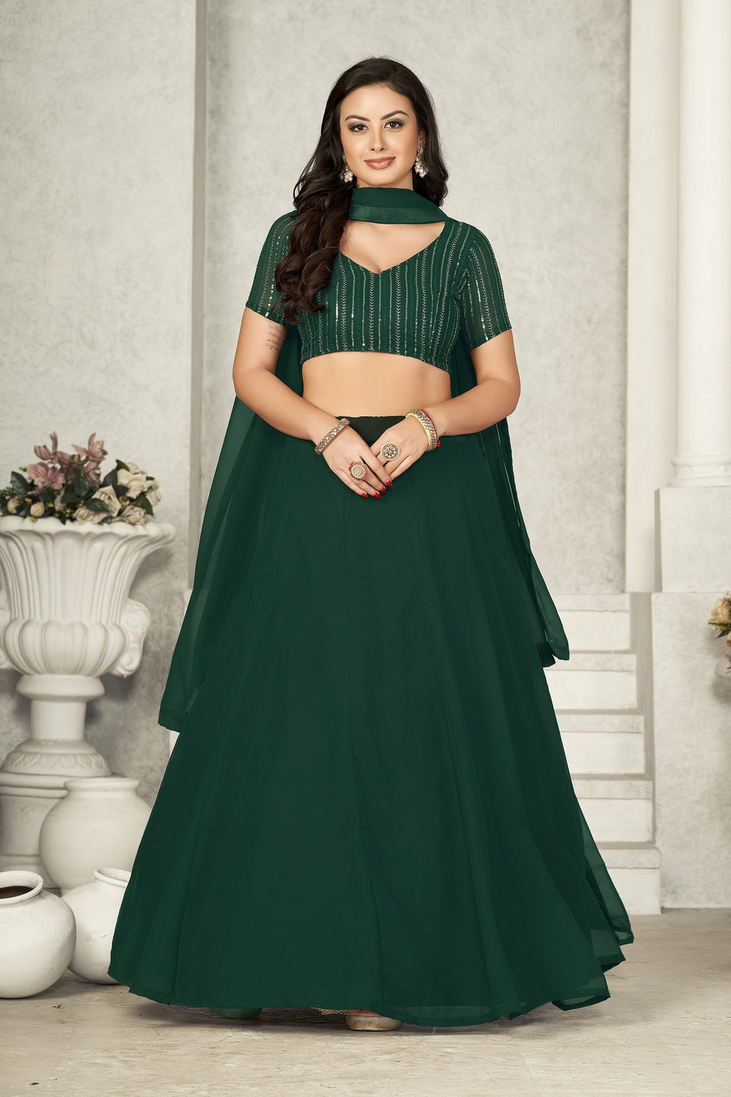 Elegant Bottle Green Solid Festive & Party Wear Semi-Stitched Georgette Lehenga Choli with Matching Dupatta