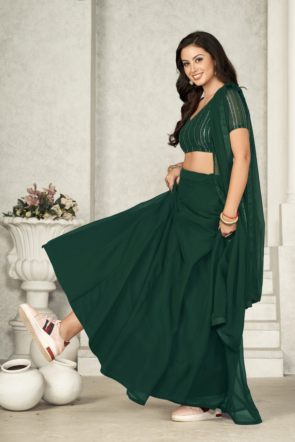 Elegant Bottle Green Solid Festive & Party Wear Semi-Stitched Georgette Lehenga Choli with Matching Dupatta