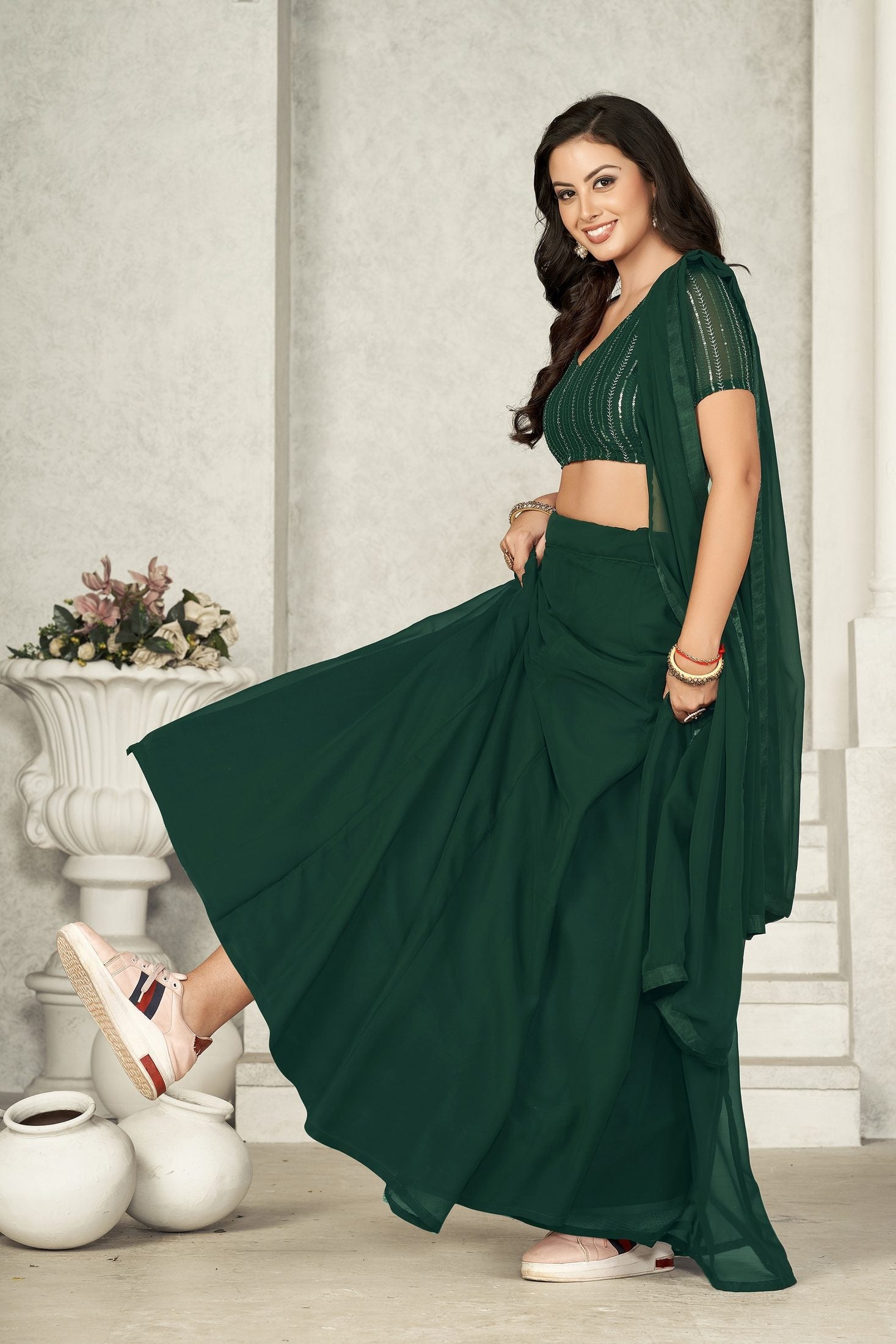 Elegant Bottle Green Solid Festive & Party Wear Semi-Stitched Georgette Lehenga Choli with Matching Dupatta