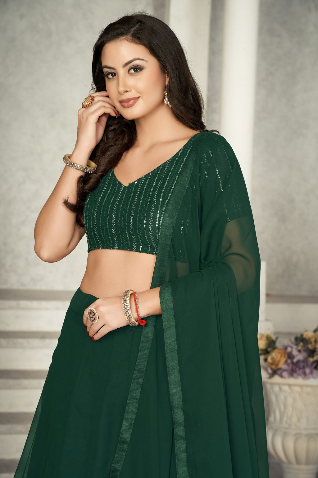 Elegant Bottle Green Solid Festive & Party Wear Semi-Stitched Georgette Lehenga Choli with Matching Dupatta