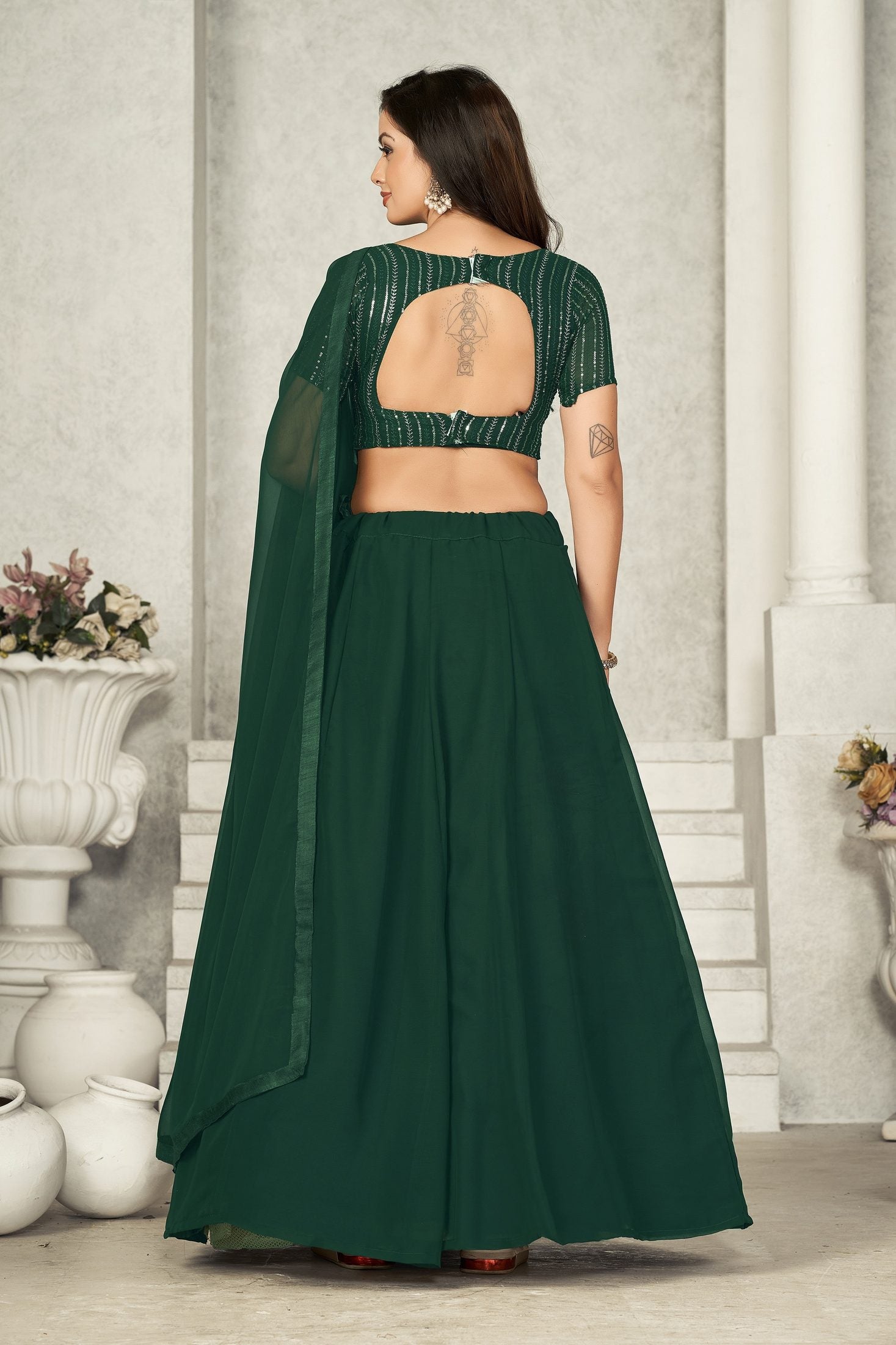 Elegant Bottle Green Solid Festive & Party Wear Semi-Stitched Georgette Lehenga Choli with Matching Dupatta