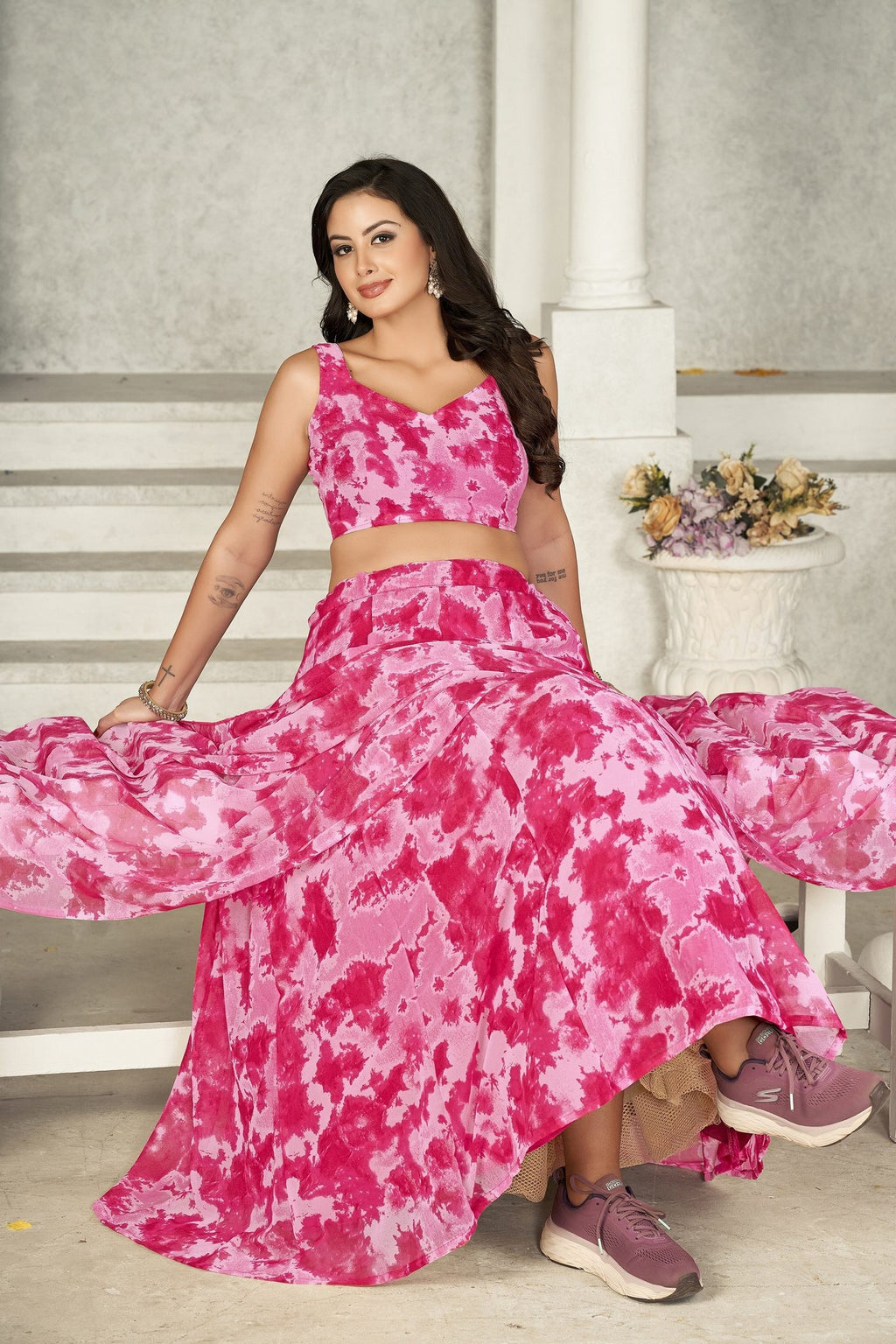 Elegant Rani Pink Floral Printed Festive & Party Wear Semi-Stitched Georgette Lehenga Choli with Matching Dupatta Work
