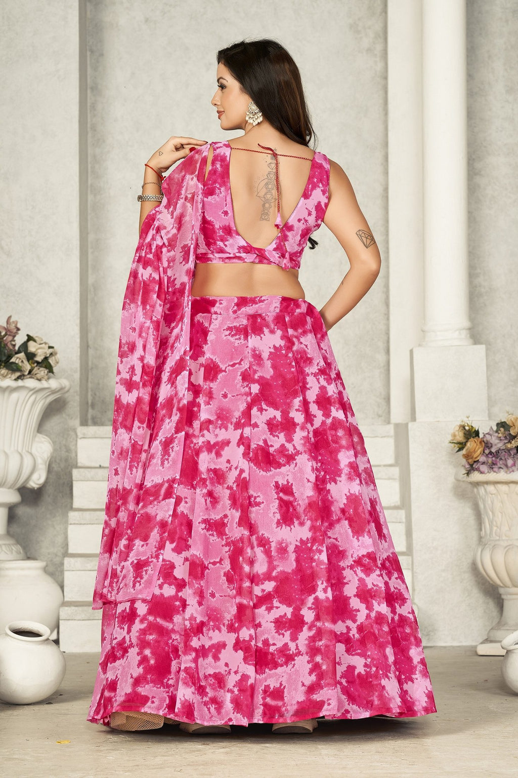 Elegant Rani Pink Floral Printed Festive & Party Wear Semi-Stitched Georgette Lehenga Choli with Matching Dupatta Work