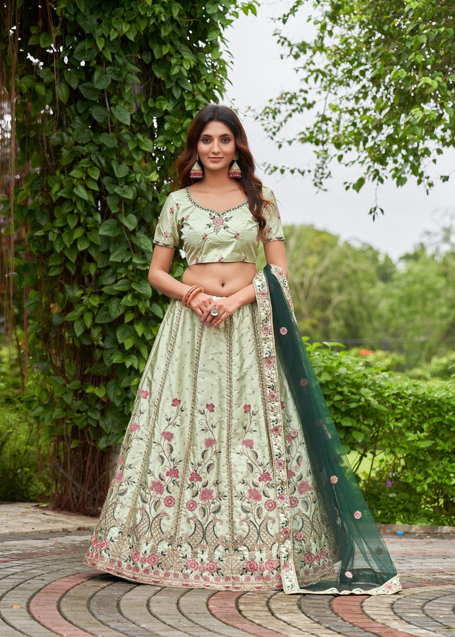 **Elegant Mint Green Floral Embroidered Festive & Party Wear Semi-Stitched Silk Lehenga Choli with Designer Net Dupatta Work**