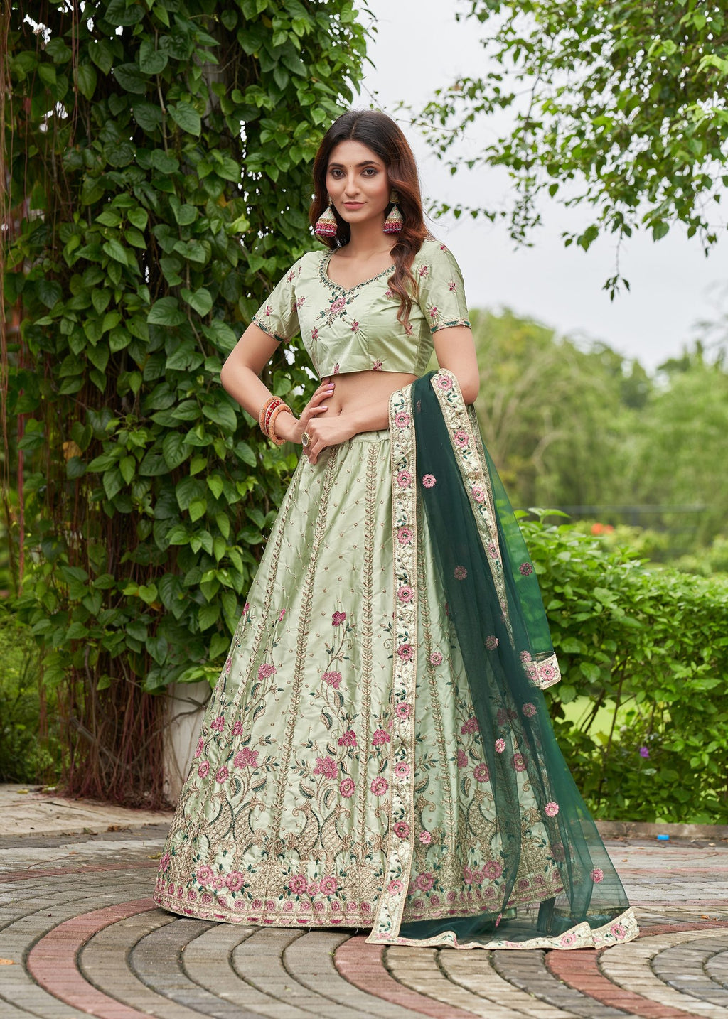**Elegant Mint Green Floral Embroidered Festive & Party Wear Semi-Stitched Silk Lehenga Choli with Designer Net Dupatta Work**