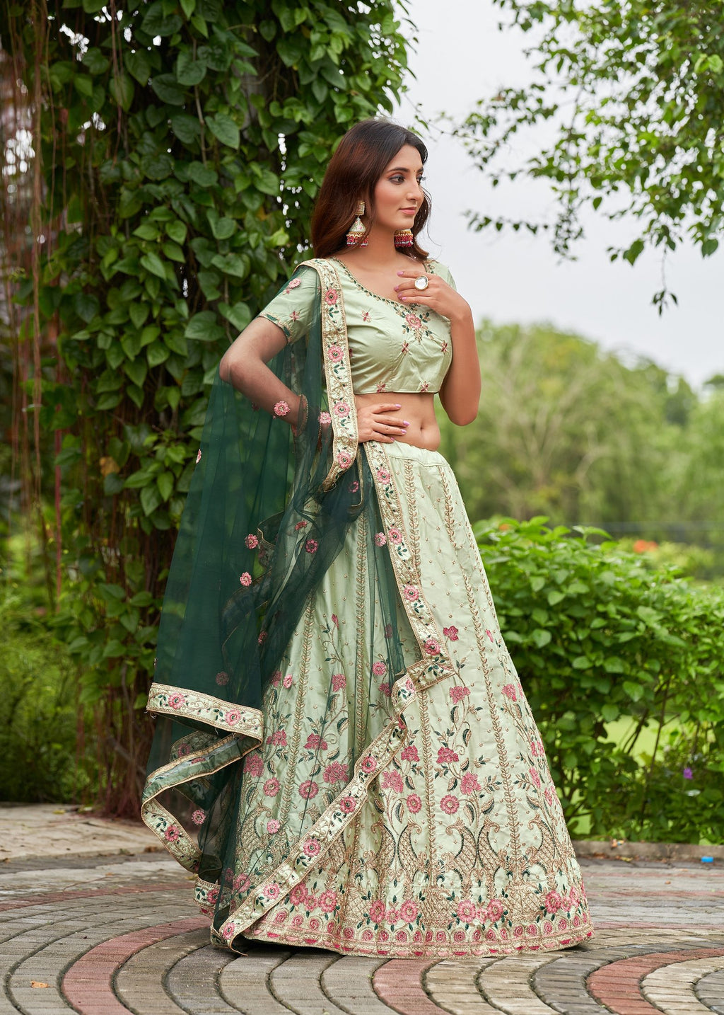 **Elegant Mint Green Floral Embroidered Festive & Party Wear Semi-Stitched Silk Lehenga Choli with Designer Net Dupatta Work**