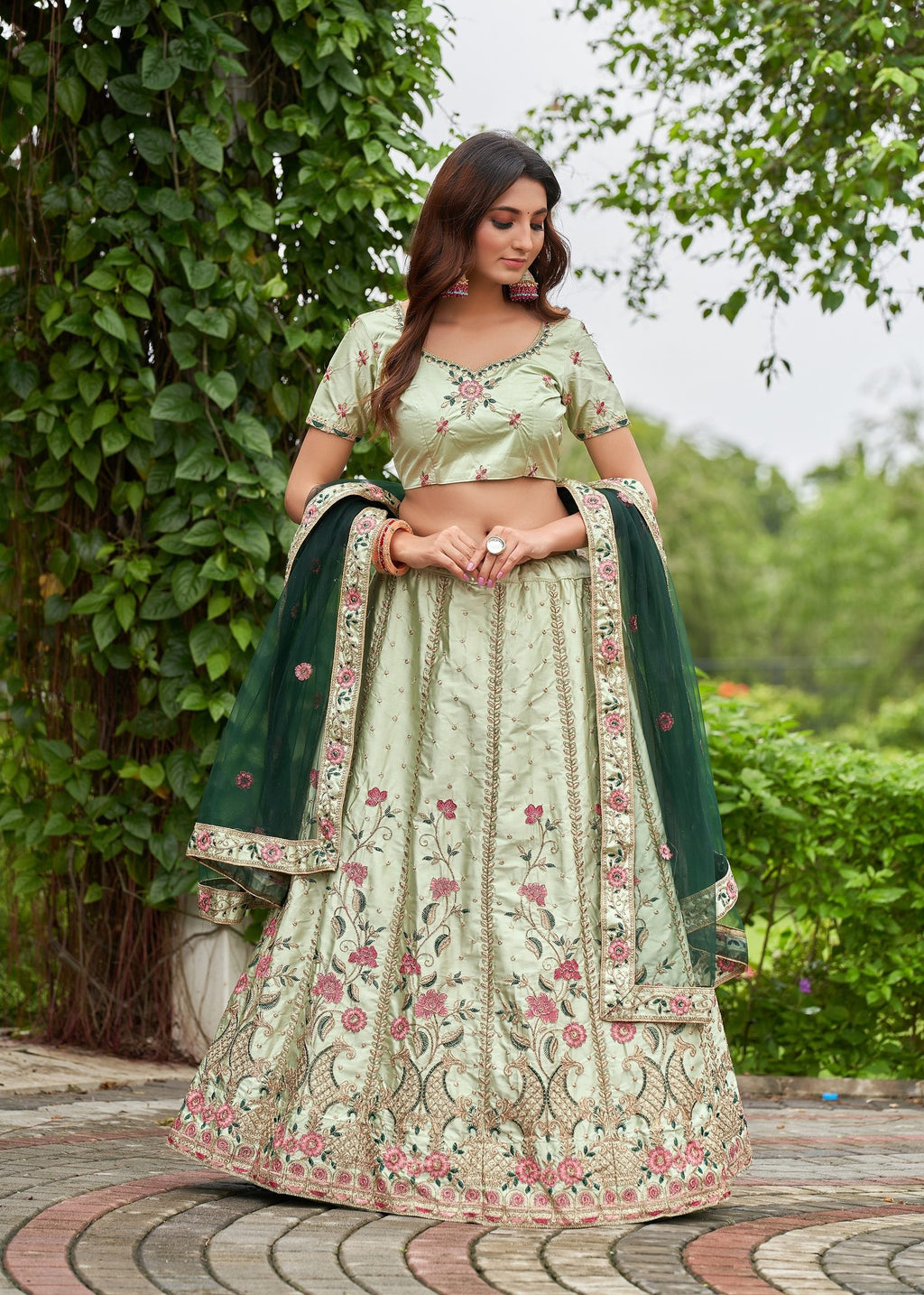 **Elegant Mint Green Floral Embroidered Festive & Party Wear Semi-Stitched Silk Lehenga Choli with Designer Net Dupatta Work**